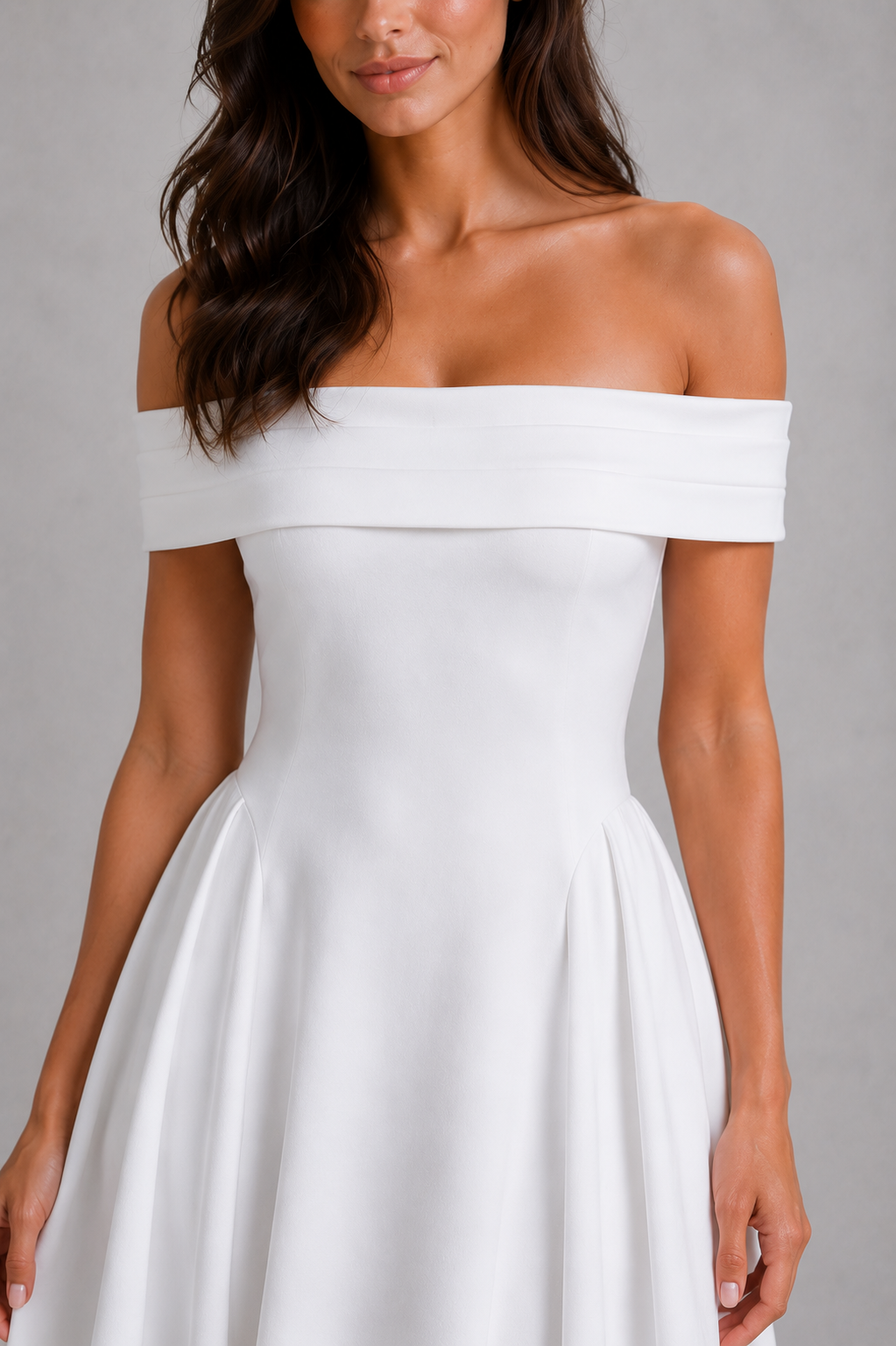 Woman wearing an elegant off-shoulder pleated midi dress with a fitted bodice and flowing skirt, ideal for cocktail parties, evening events, weddings, and special occasions.