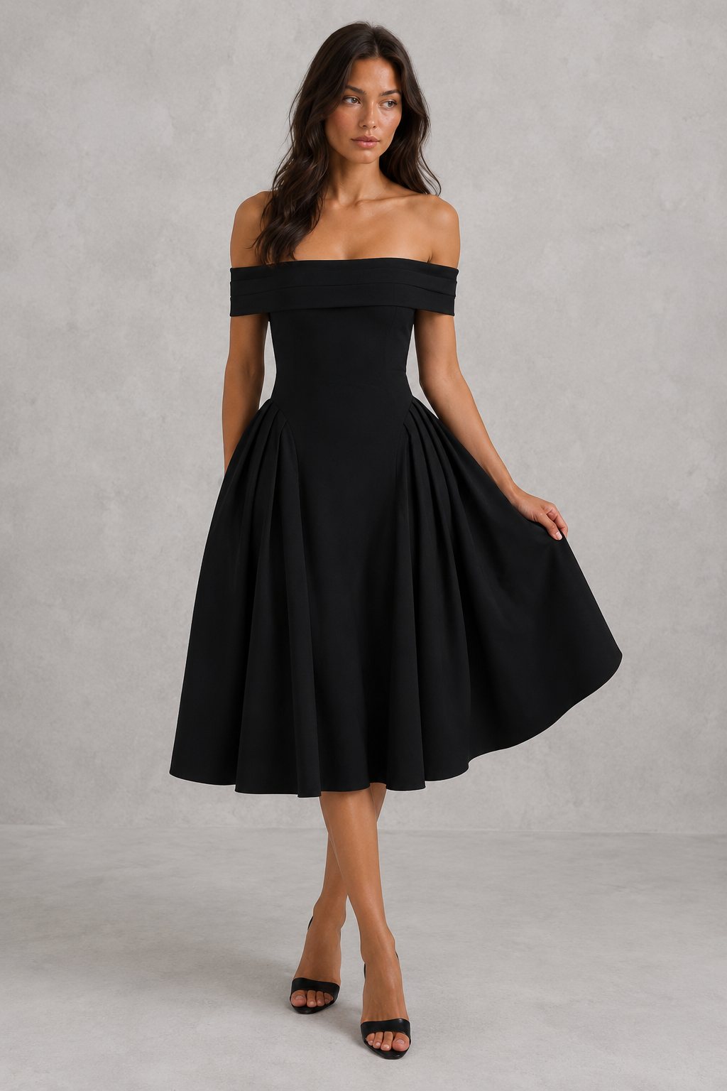 Woman wearing an elegant off-shoulder pleated midi dress with a fitted bodice and flowing skirt, ideal for cocktail parties, evening events, weddings, and special occasions.