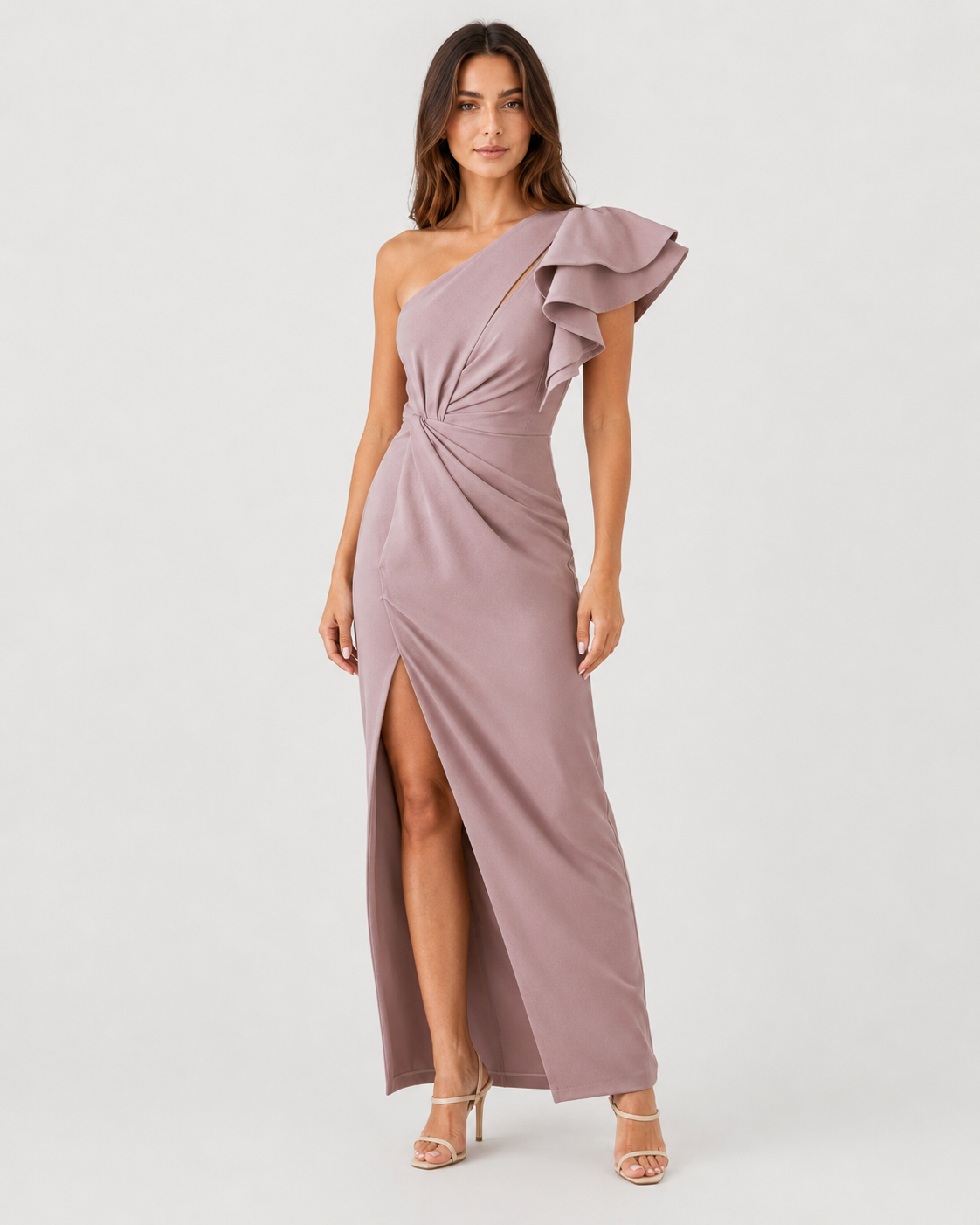 Women’s Off Shoulder Ruffle Slit Maxi Dress by Klyne Studios featuring an off-shoulder neckline, ruffle sleeves, relaxed flowy fit, and side slit in a lightweight breathable fabric, ideal for casual events, vacations, and summer occasions.
