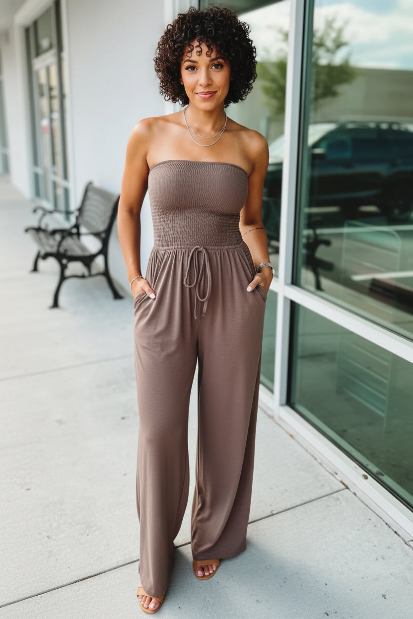 Women’s off shoulder smocked jumpsuit with wide leg silhouette