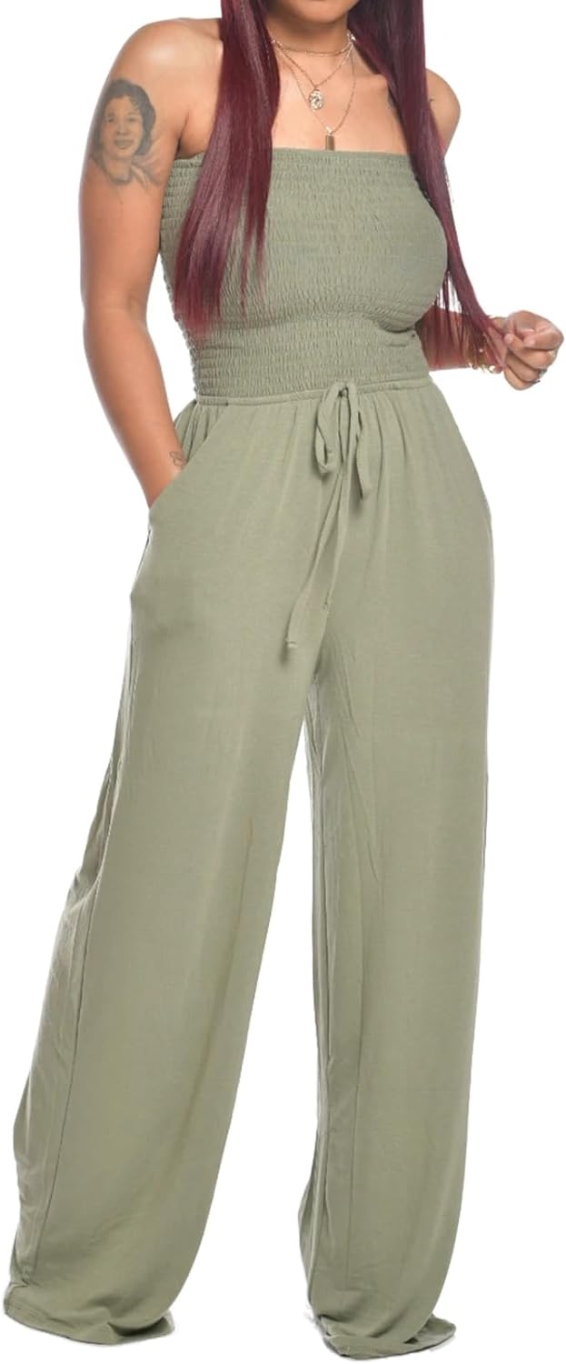 Women’s off shoulder smocked jumpsuit with wide leg silhouette
