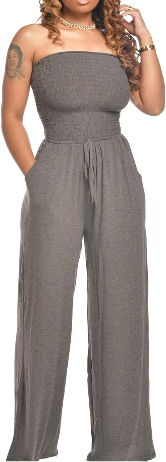 Women’s off shoulder smocked jumpsuit with wide leg silhouette