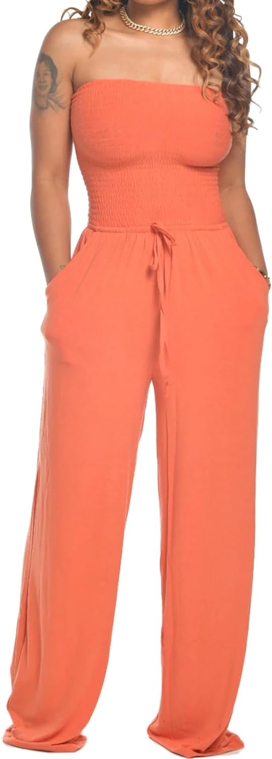 Women’s off shoulder smocked jumpsuit with wide leg silhouette