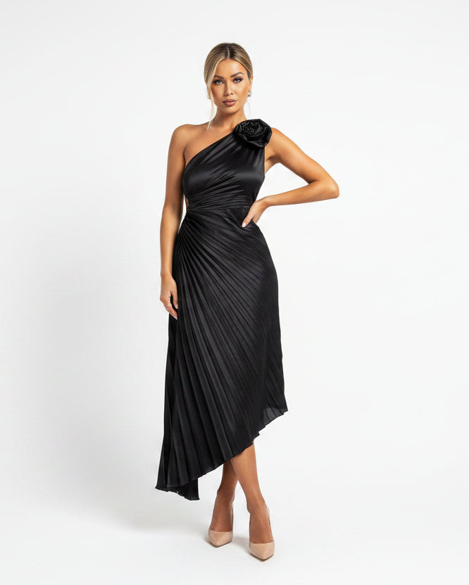 Women’s one-shoulder floral midi dress with flowing skirt