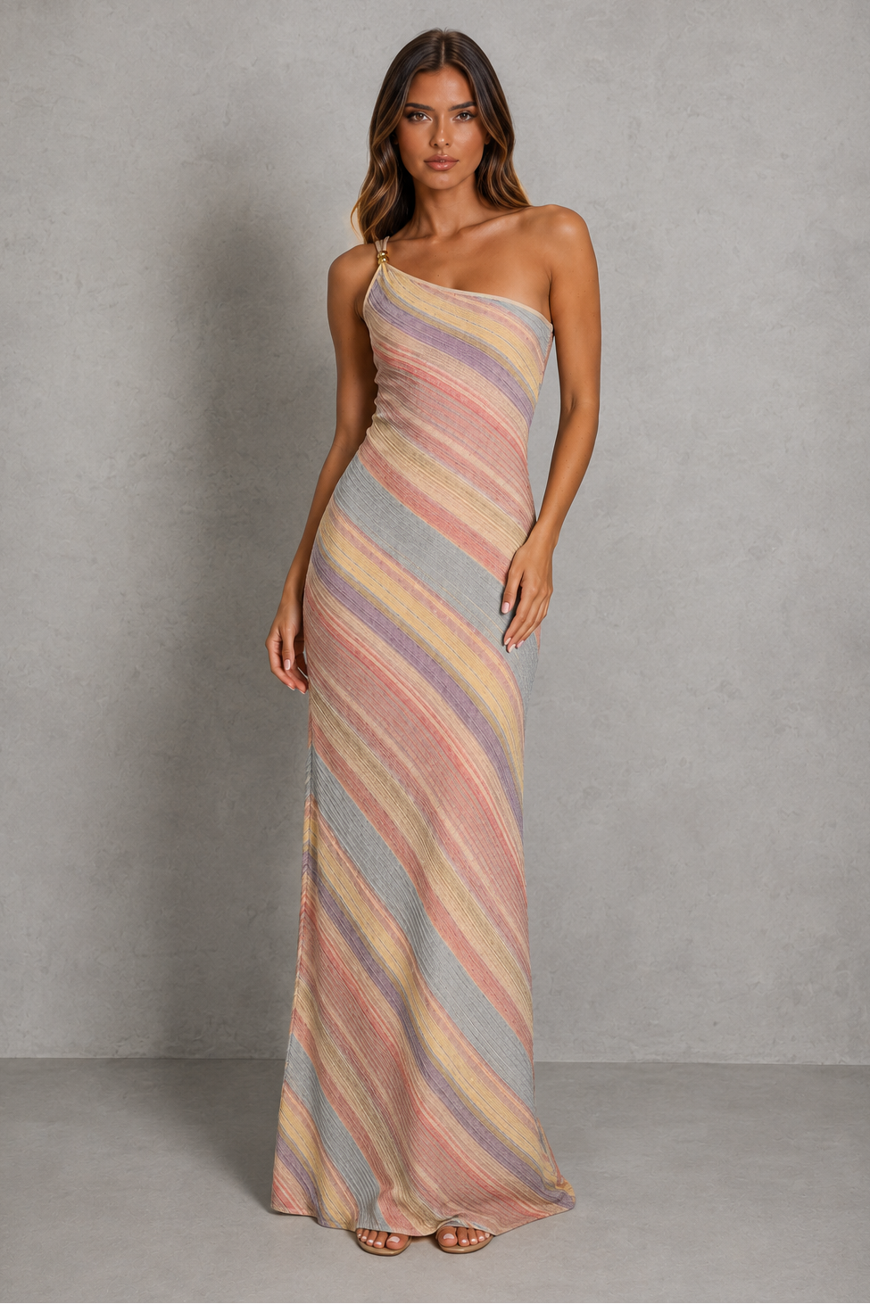 Women’s one-shoulder knit maxi dress with subtle lurex shimmer, gold bead embellishments, fitted silhouette, and elegant side split.