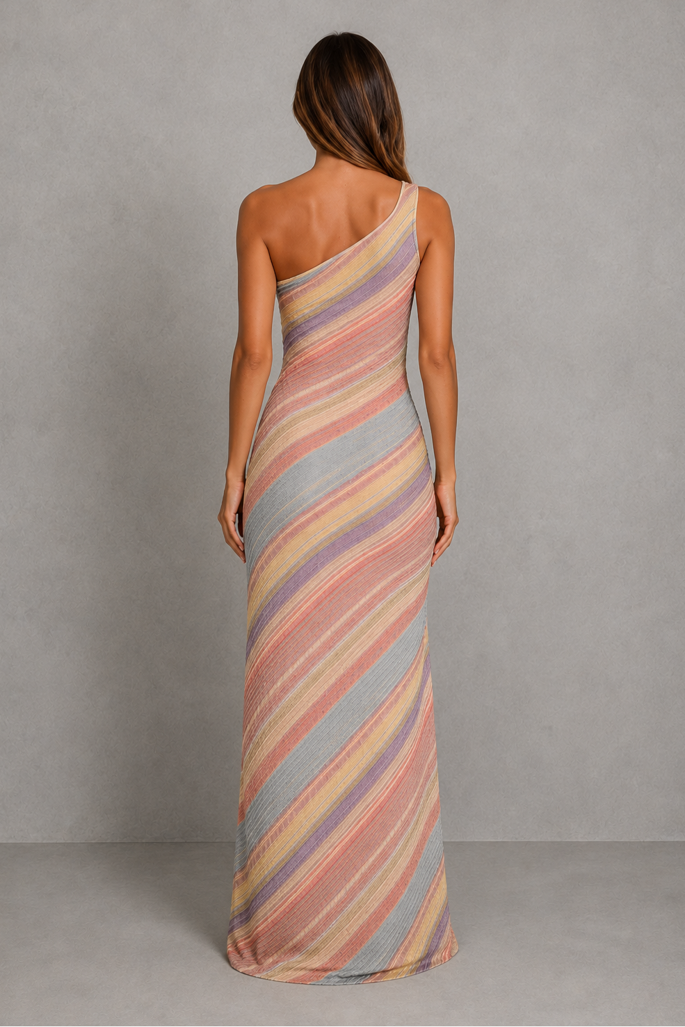 Women’s one-shoulder knit maxi dress with subtle lurex shimmer, gold bead embellishments, fitted silhouette, and elegant side split.