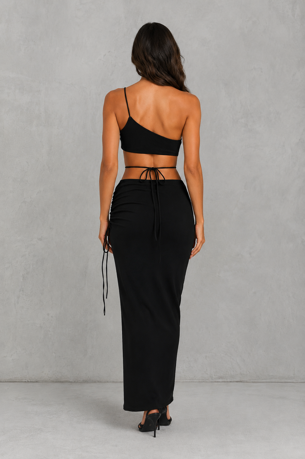Women's one shoulder high-shine maxi dress with asymmetric cut-out detail, ruched waist, thigh-high split, and body-contouring silhouette for evening events and formal occasions.