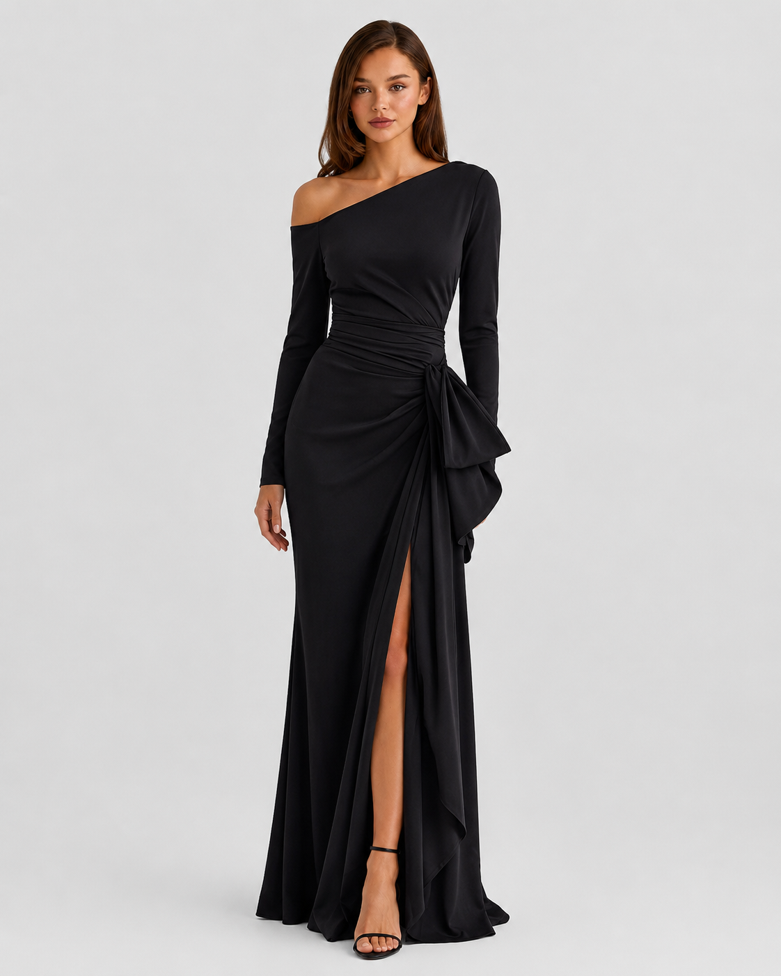 Women's one-shoulder maxi gown with draped wrap bodice, defined waist detail, flowing satin-look fabric, and elegant side slit, ideal for evening wear, weddings, and formal occasions.