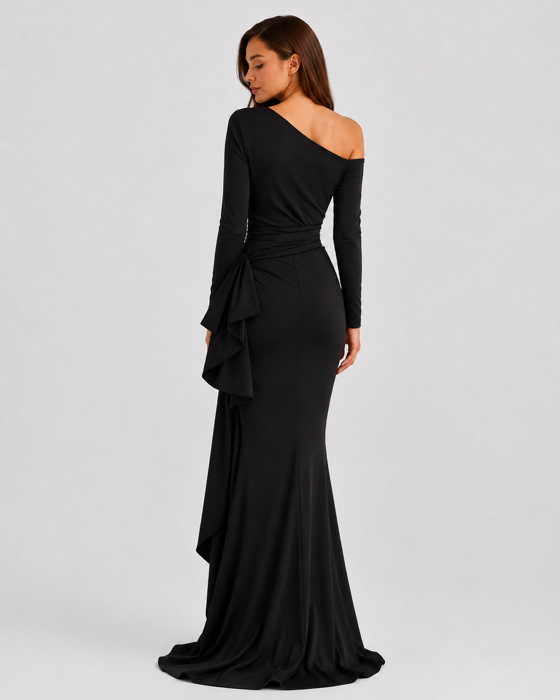 Women's one-shoulder maxi gown with draped wrap bodice, defined waist detail, flowing satin-look fabric, and elegant side slit, ideal for evening wear, weddings, and formal occasions.
