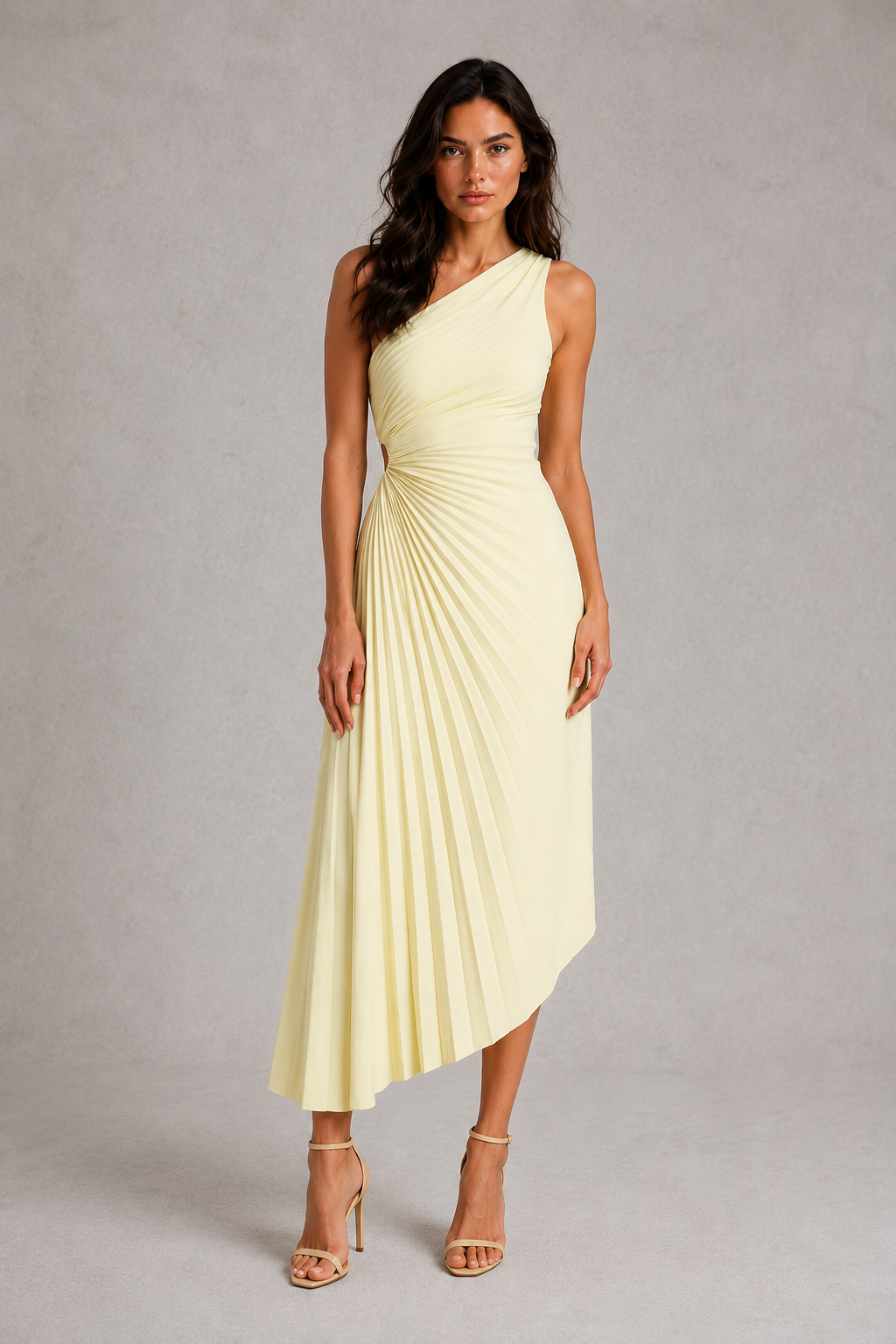 Women’s one-shoulder pleated midi dress with a fitted bodice, flowing midi-length skirt, soft pleated detailing, and elegant silhouette for weddings, cocktail parties, galas, and special occasions.