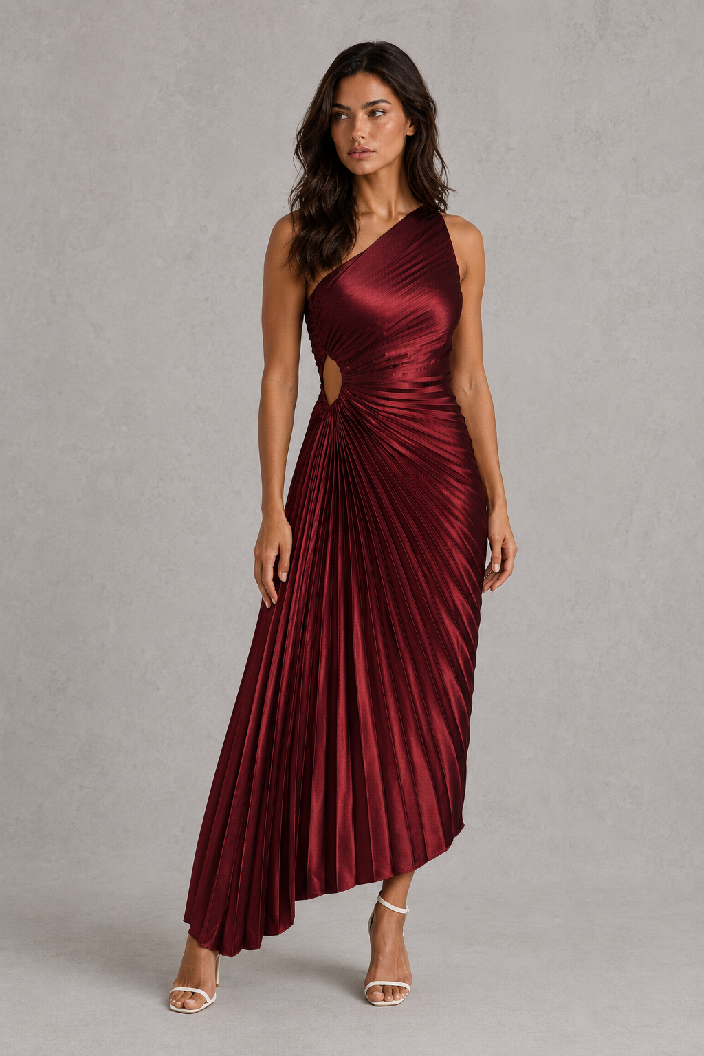 Women’s one-shoulder pleated midi dress with a fitted bodice, flowing midi-length skirt, soft pleated detailing, and elegant silhouette for weddings, cocktail parties, galas, and special occasions.