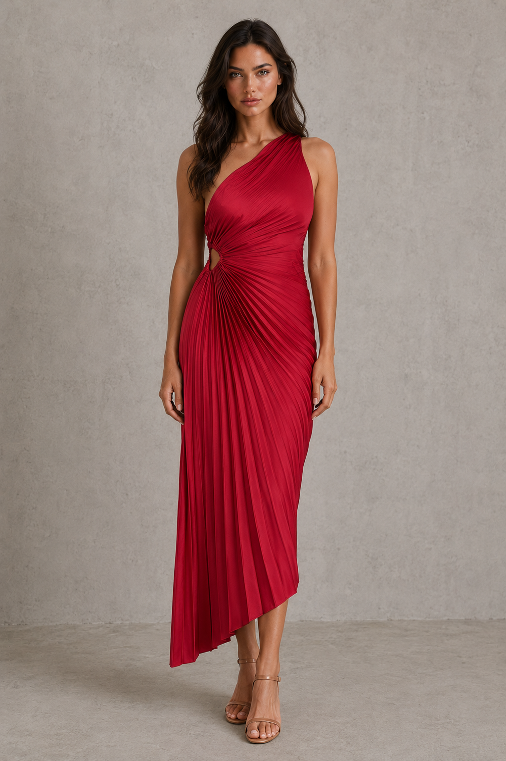 Women’s one-shoulder pleated midi dress with a fitted bodice, flowing midi-length skirt, soft pleated detailing, and elegant silhouette for weddings, cocktail parties, galas, and special occasions.