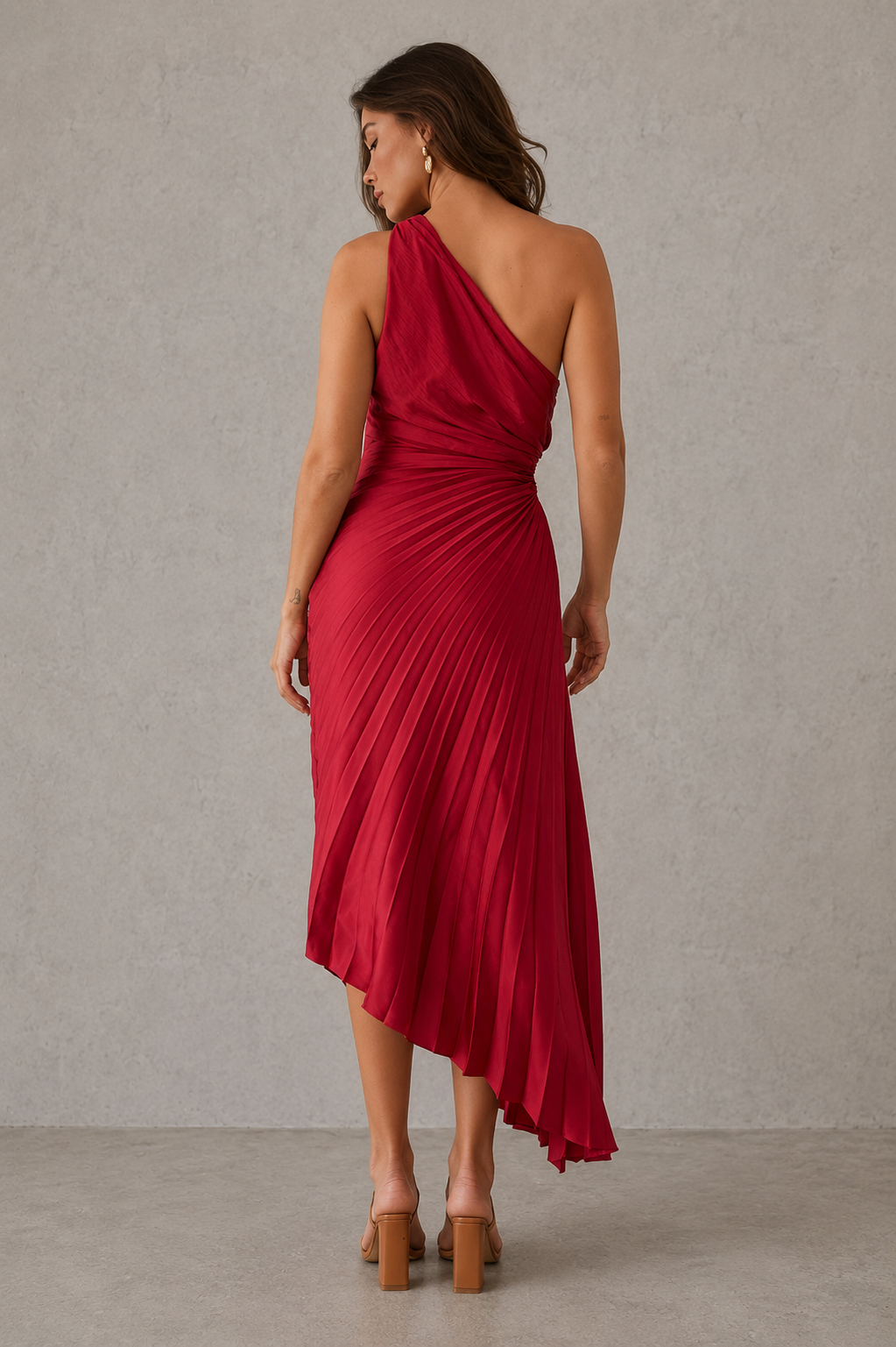 Women’s one-shoulder pleated midi dress with a fitted bodice, flowing midi-length skirt, soft pleated detailing, and elegant silhouette for weddings, cocktail parties, galas, and special occasions.