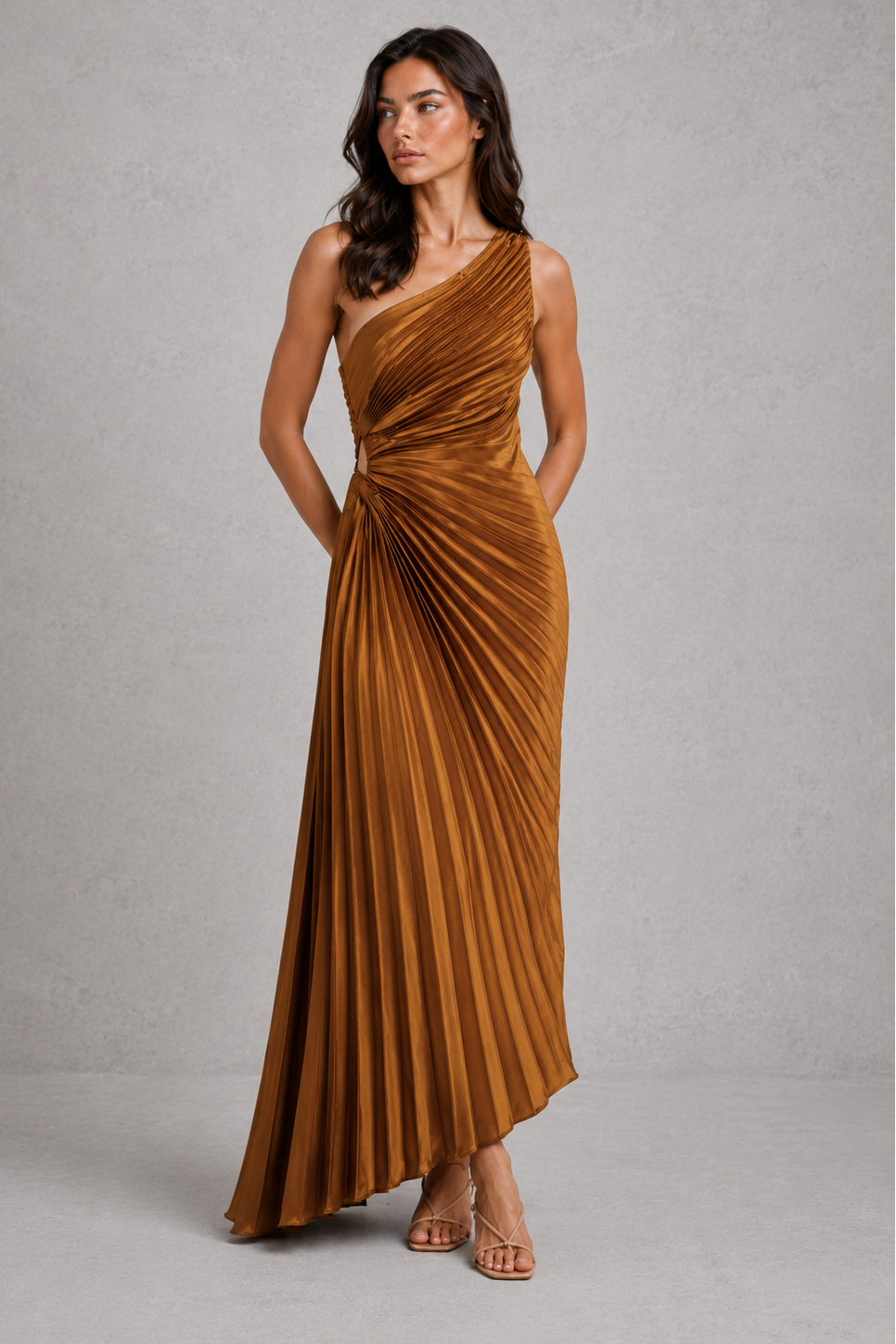 Women’s one-shoulder pleated midi dress with a fitted bodice, flowing midi-length skirt, soft pleated detailing, and elegant silhouette for weddings, cocktail parties, galas, and special occasions.
