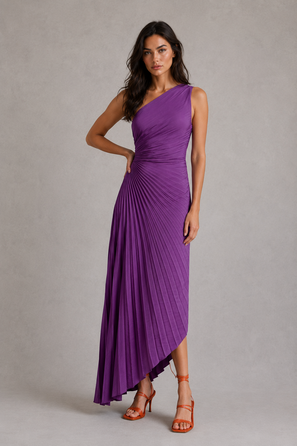 Women’s one-shoulder pleated midi dress with a fitted bodice, flowing midi-length skirt, soft pleated detailing, and elegant silhouette for weddings, cocktail parties, galas, and special occasions.