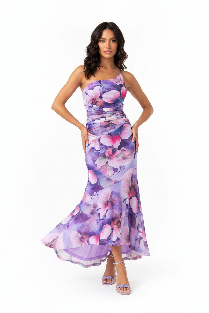 Women’s one shoulder pleated summer dress with asymmetric hem and print