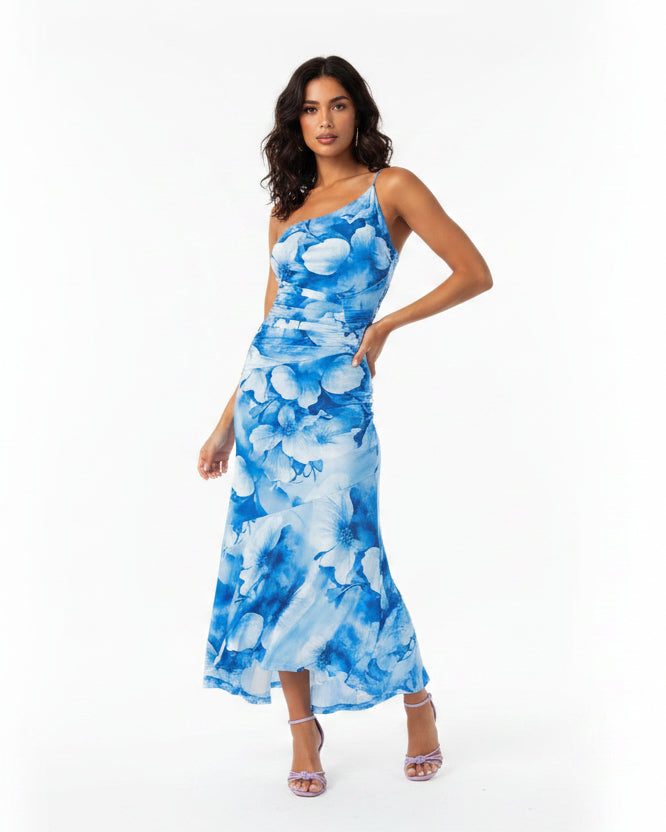 Women’s one shoulder pleated summer dress with asymmetric hem and print