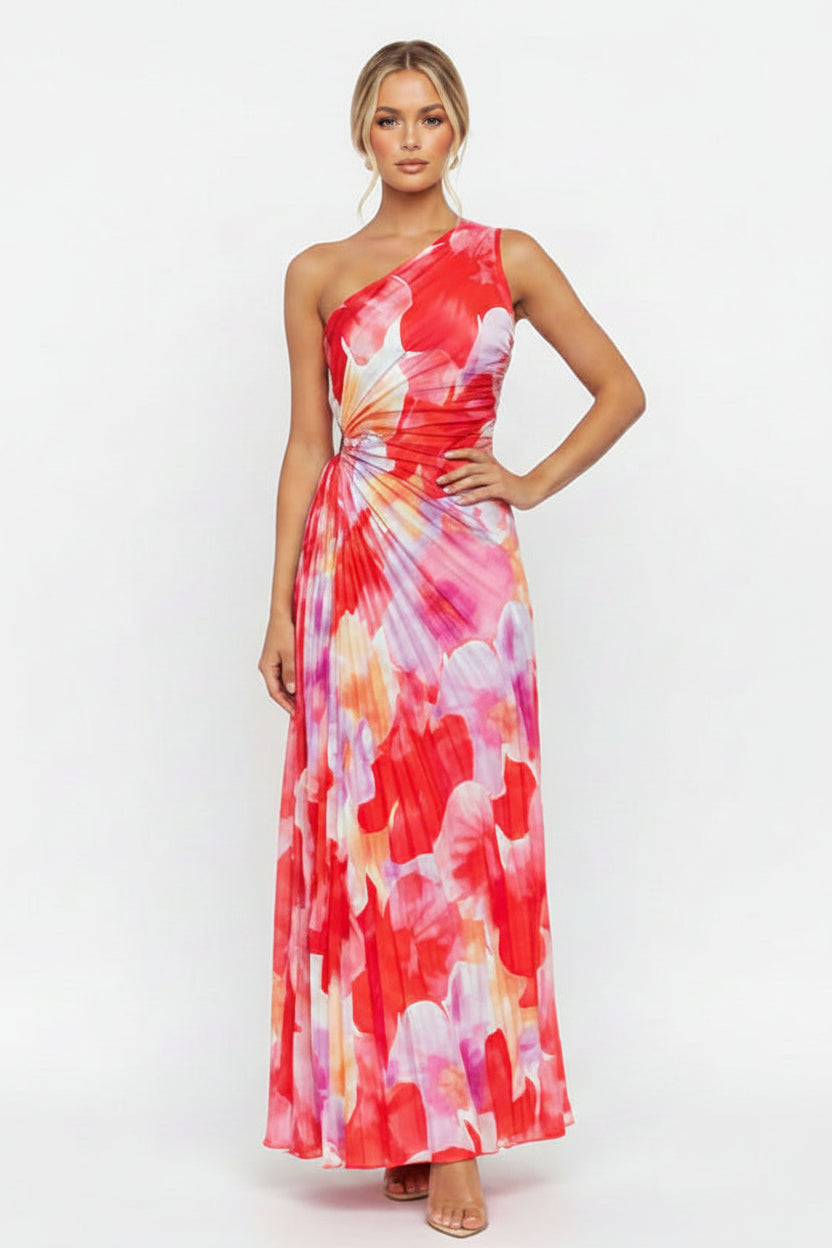 Women’s pleated one-shoulder summer dress with asymmetric hem and vibrant print