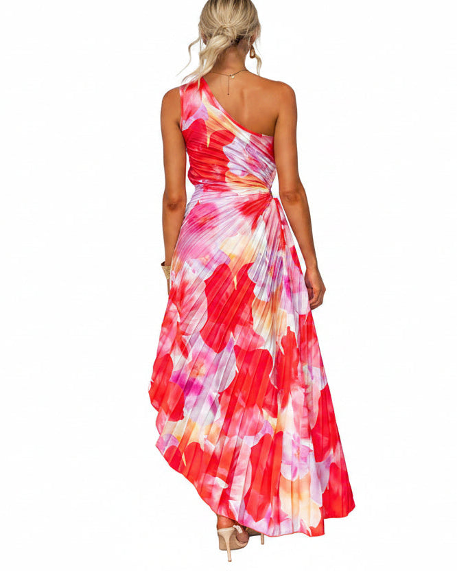 Women’s pleated one-shoulder summer dress with asymmetric hem and vibrant print