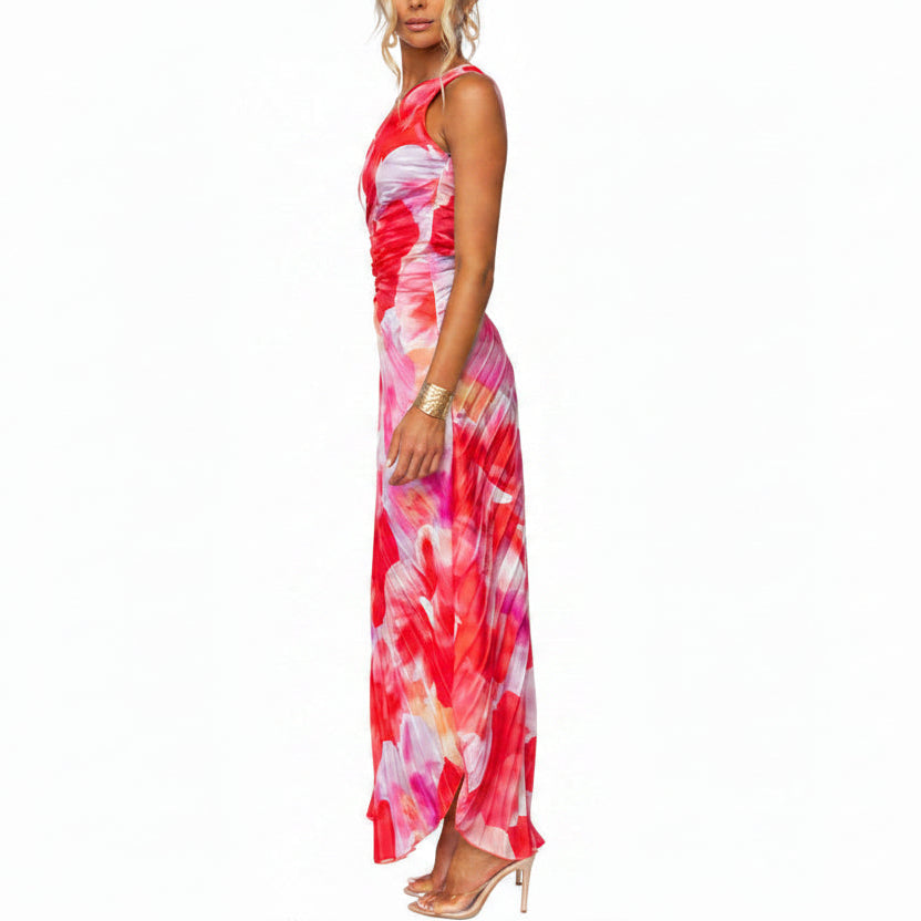 Women’s pleated one-shoulder summer dress with asymmetric hem and vibrant print