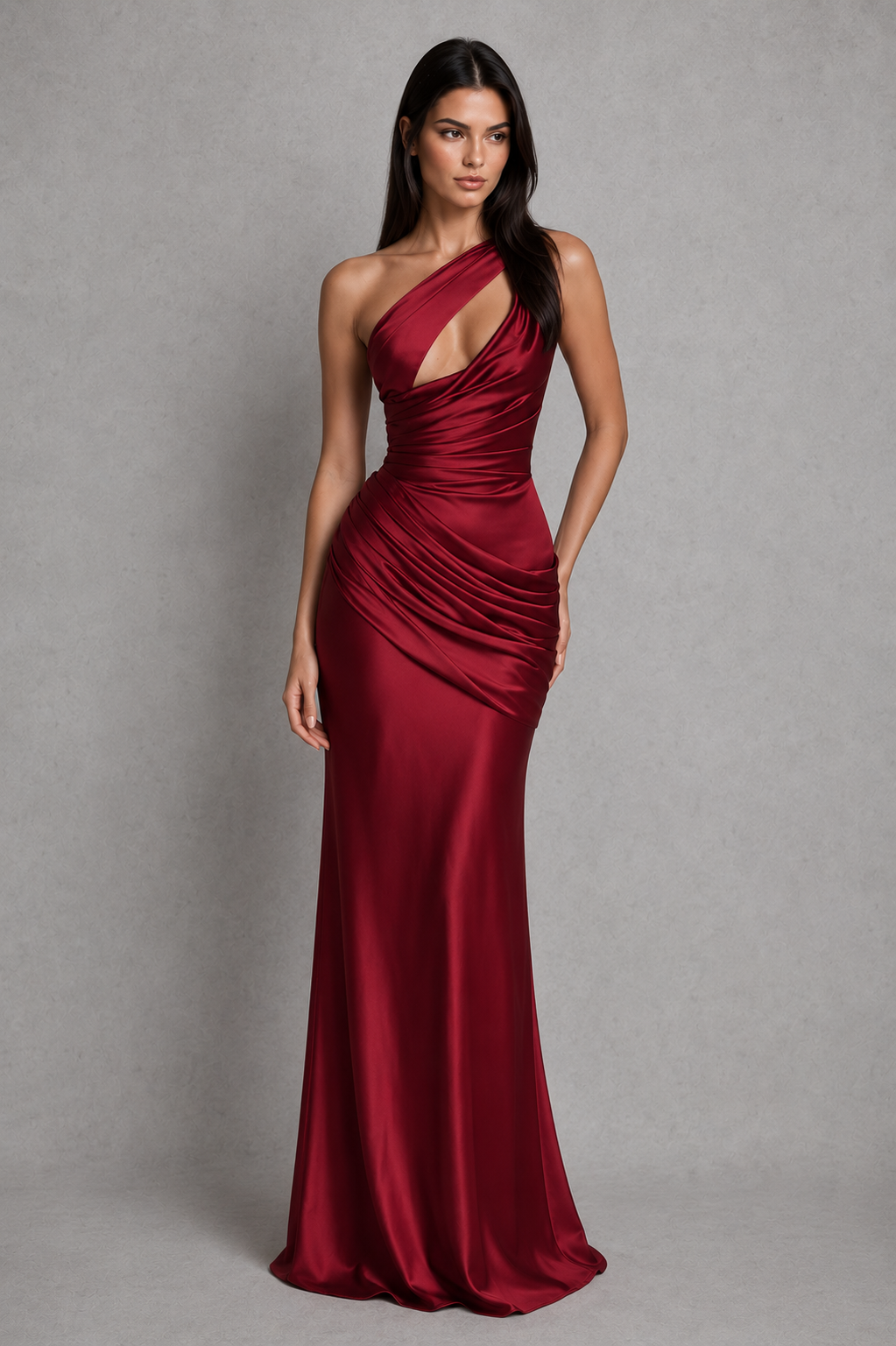 Woman wearing a one-shoulder satin maxi dress featuring a structured corset bodice, asymmetrical neckline, plunge cut-out detail, draped hip panel, and flowing bias-cut skirt, designed for elegant evening events and formal occasions.