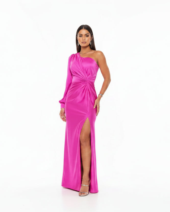 Women’s one-shoulder satin dress with flowing skirt and side slit