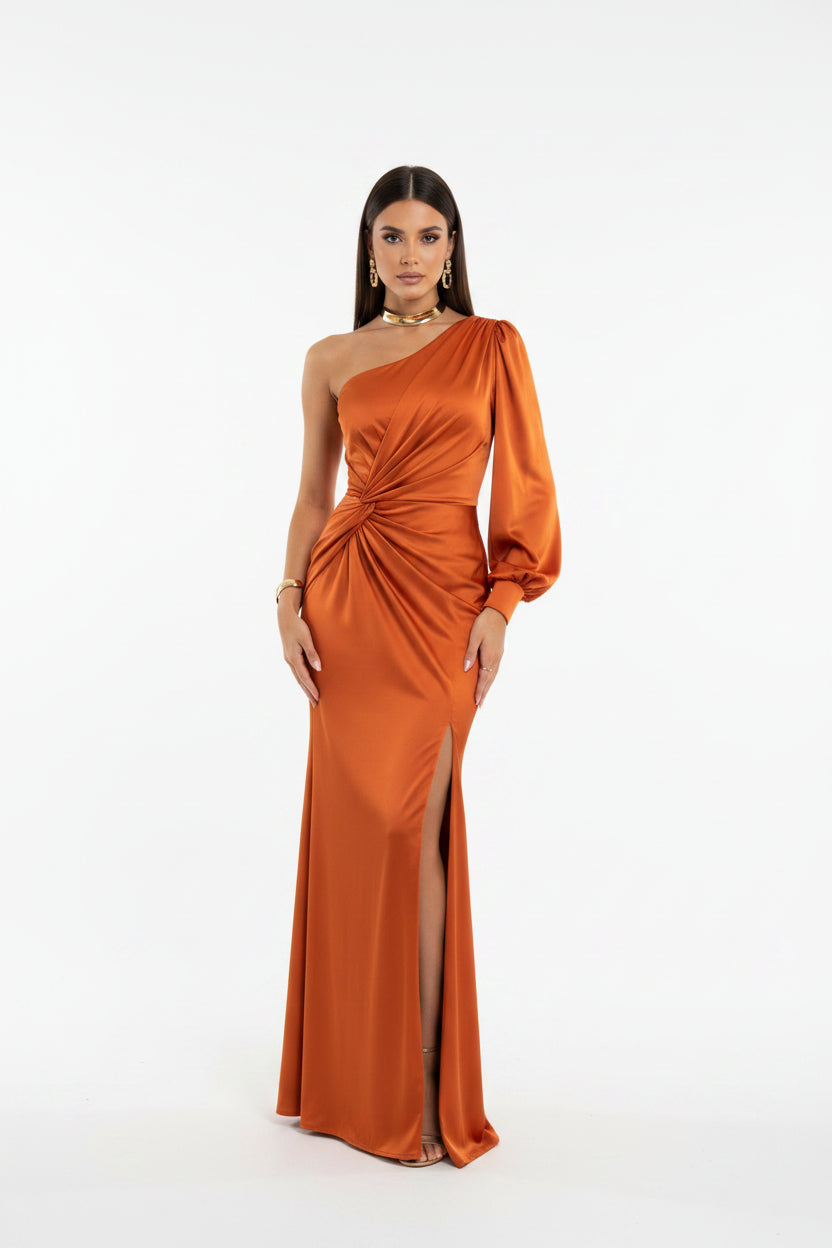 Women’s one-shoulder satin dress with flowing skirt and side slit