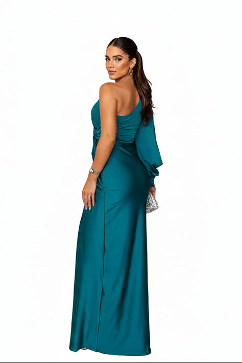 Women’s one-shoulder satin dress with flowing skirt and side slit