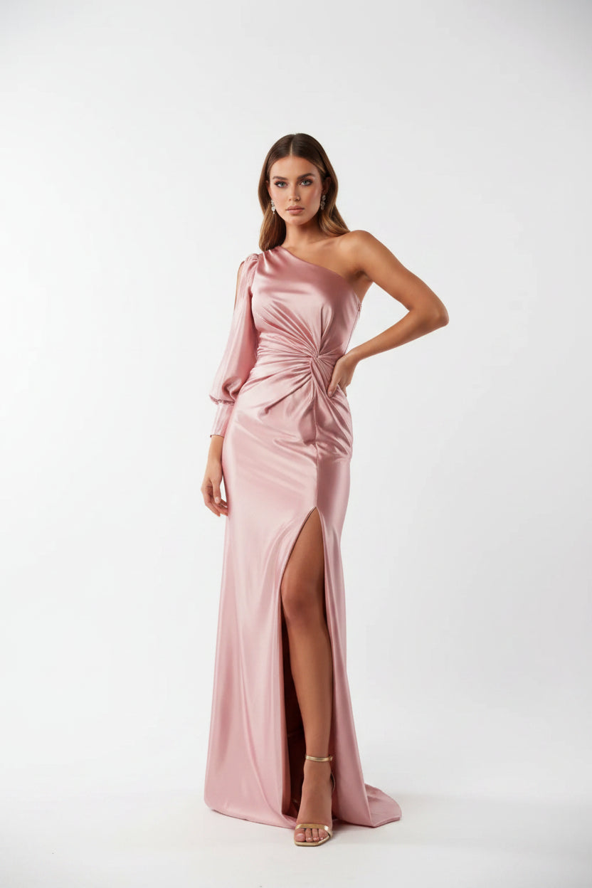 Women’s one-shoulder satin dress with flowing skirt and side slit