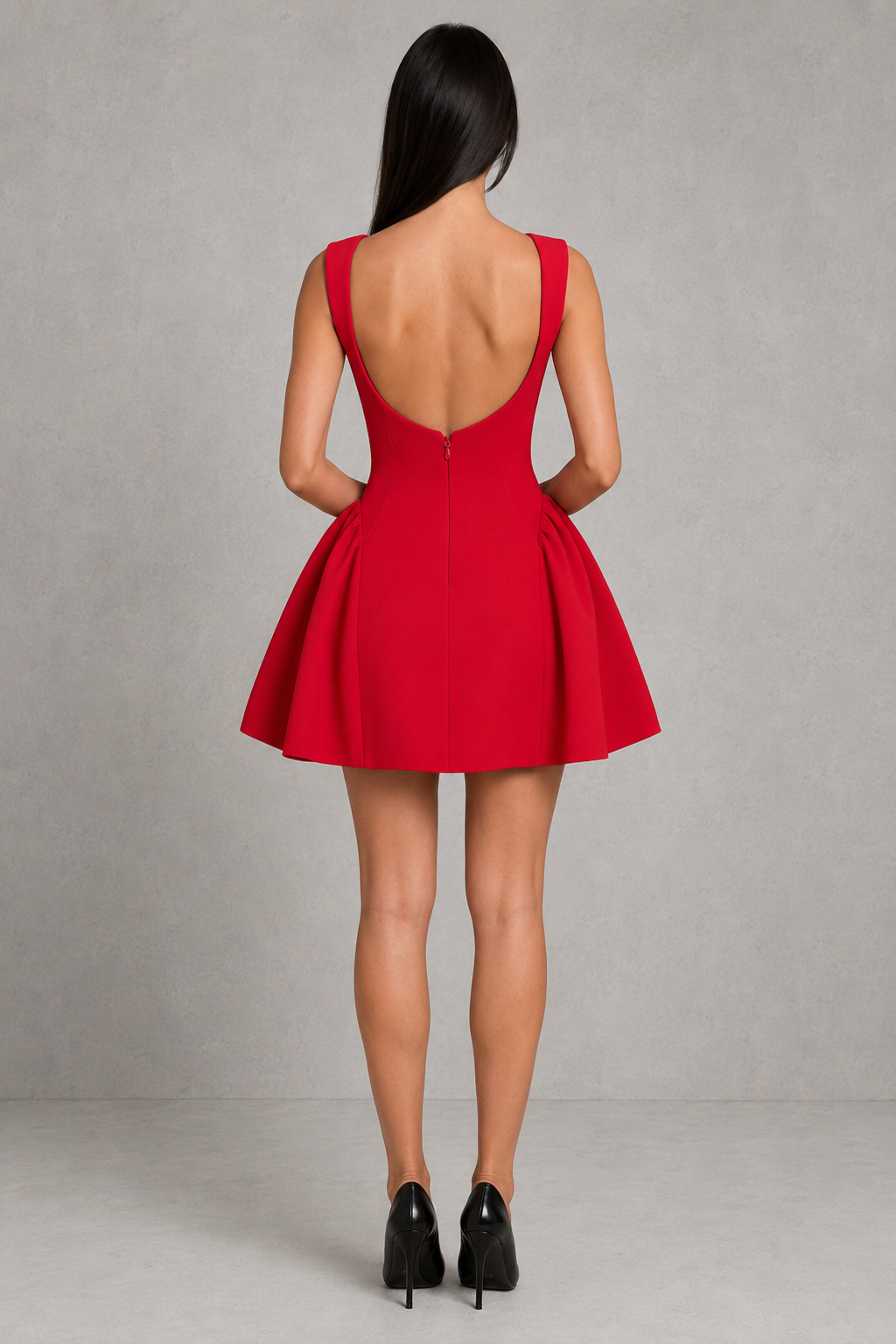 Women's open back mini skater dress with a fitted bodice, adjustable neckline, and flared skirt. Lightweight premium fabric creates graceful movement, making it ideal for parties, celebrations, and special occasions.