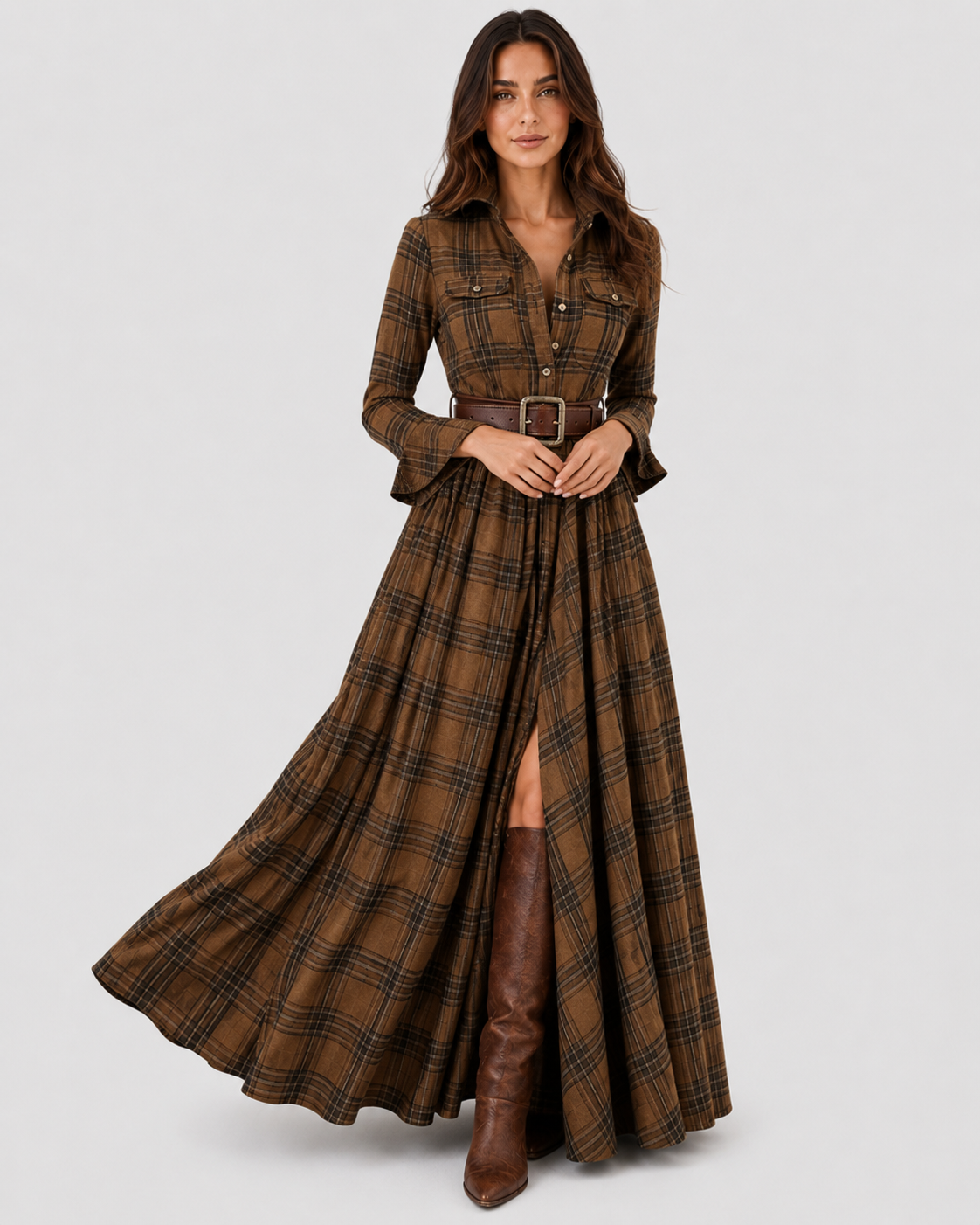 Women’s Plaid Belted Shirt Maxi Dress by Klyne Studios featuring a button-front shirt design, adjustable belted waist, long maxi length, and relaxed fit in a soft plaid cotton-polyester blend.