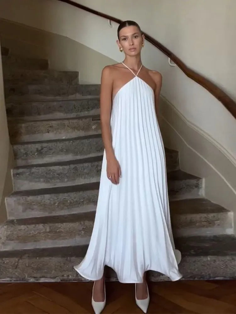 Women’s pleated halter neck maxi dress with open back