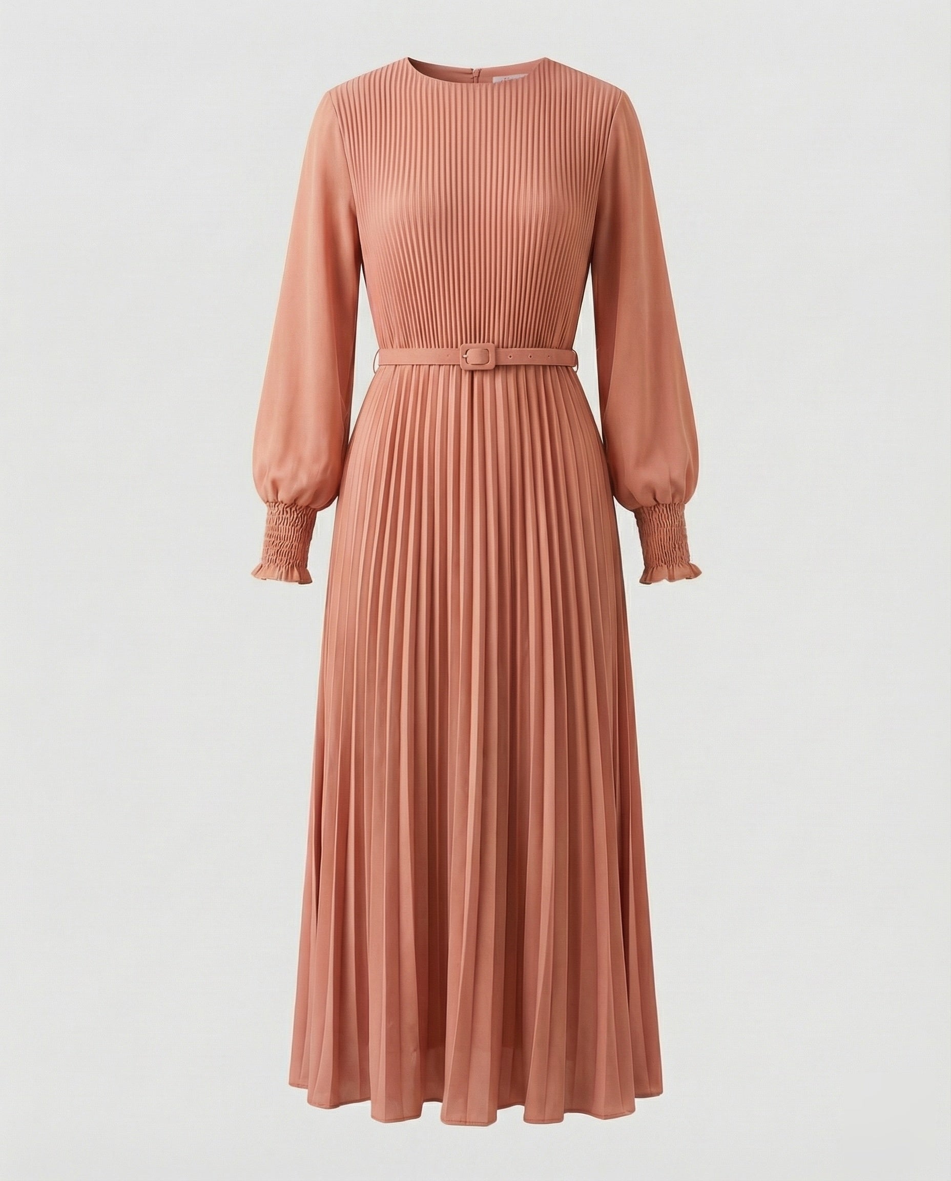 Women’s pleated maxi dress with balloon sleeves and detachable waist belt