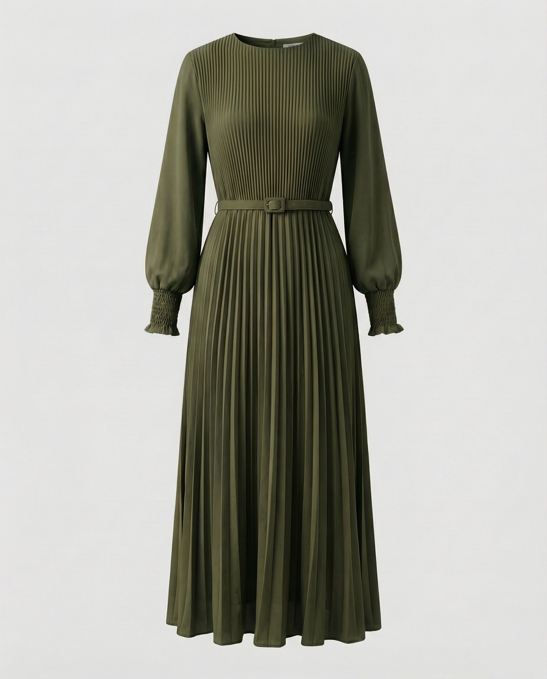 Women’s pleated maxi dress with balloon sleeves and detachable waist belt