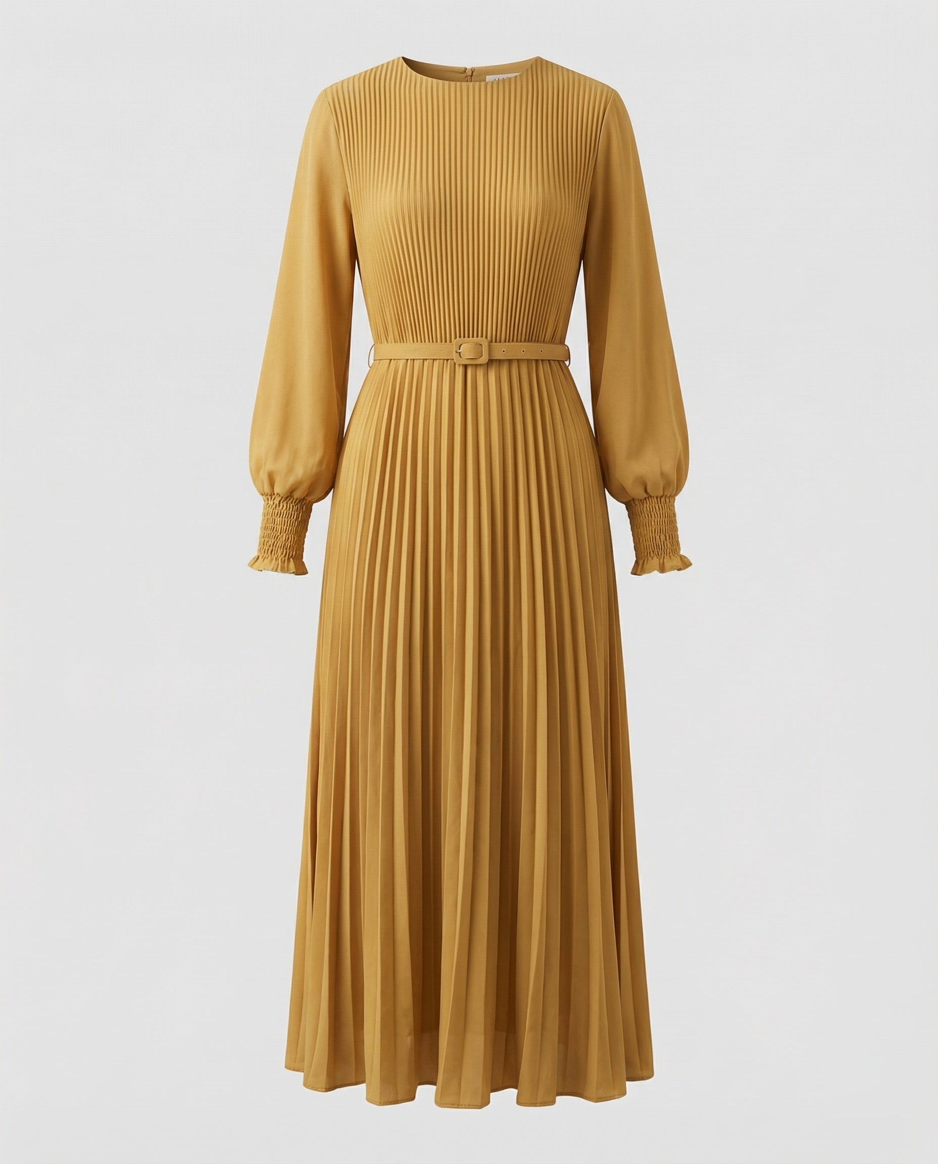 Women’s pleated maxi dress with balloon sleeves and detachable waist belt