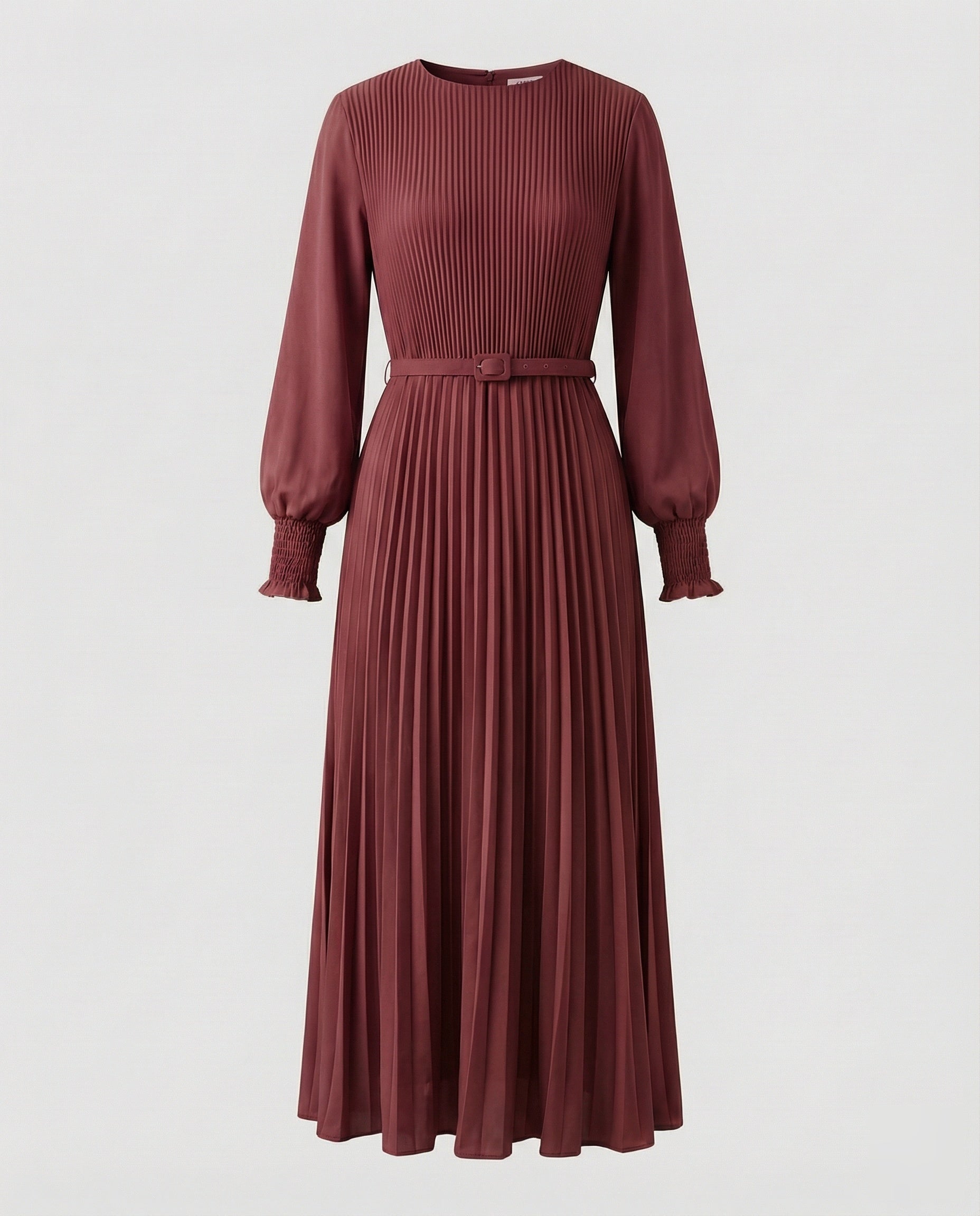 Women’s pleated maxi dress with balloon sleeves and detachable waist belt