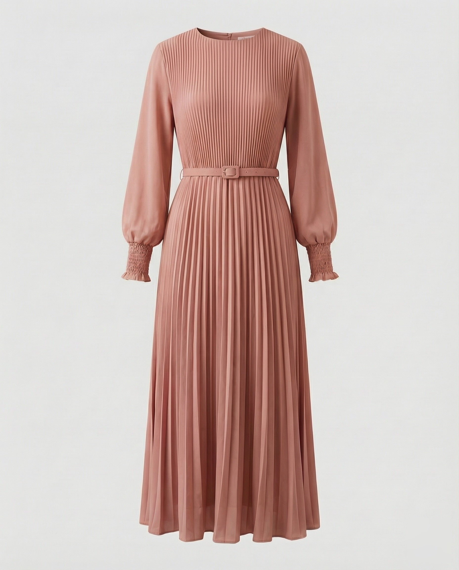 Women’s pleated maxi dress with balloon sleeves and detachable waist belt