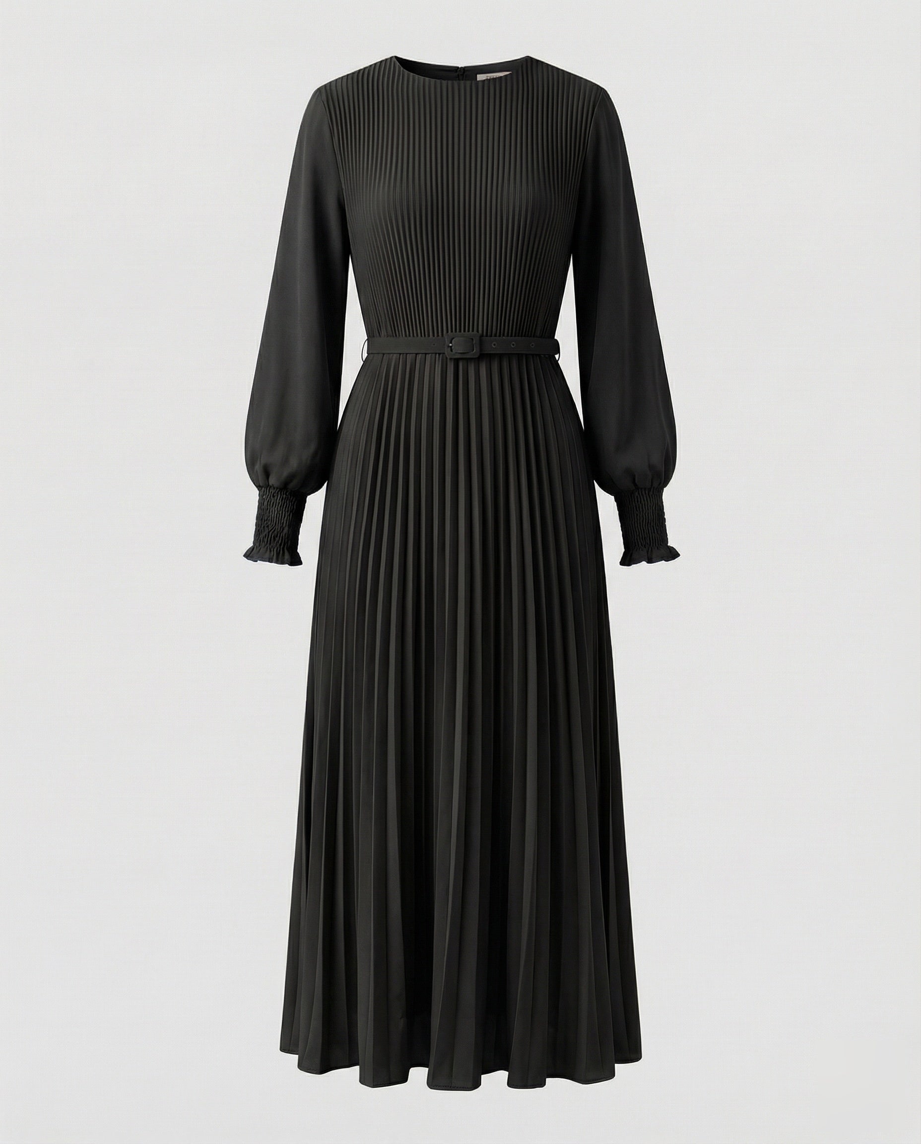 Women’s pleated maxi dress with balloon sleeves and detachable waist belt