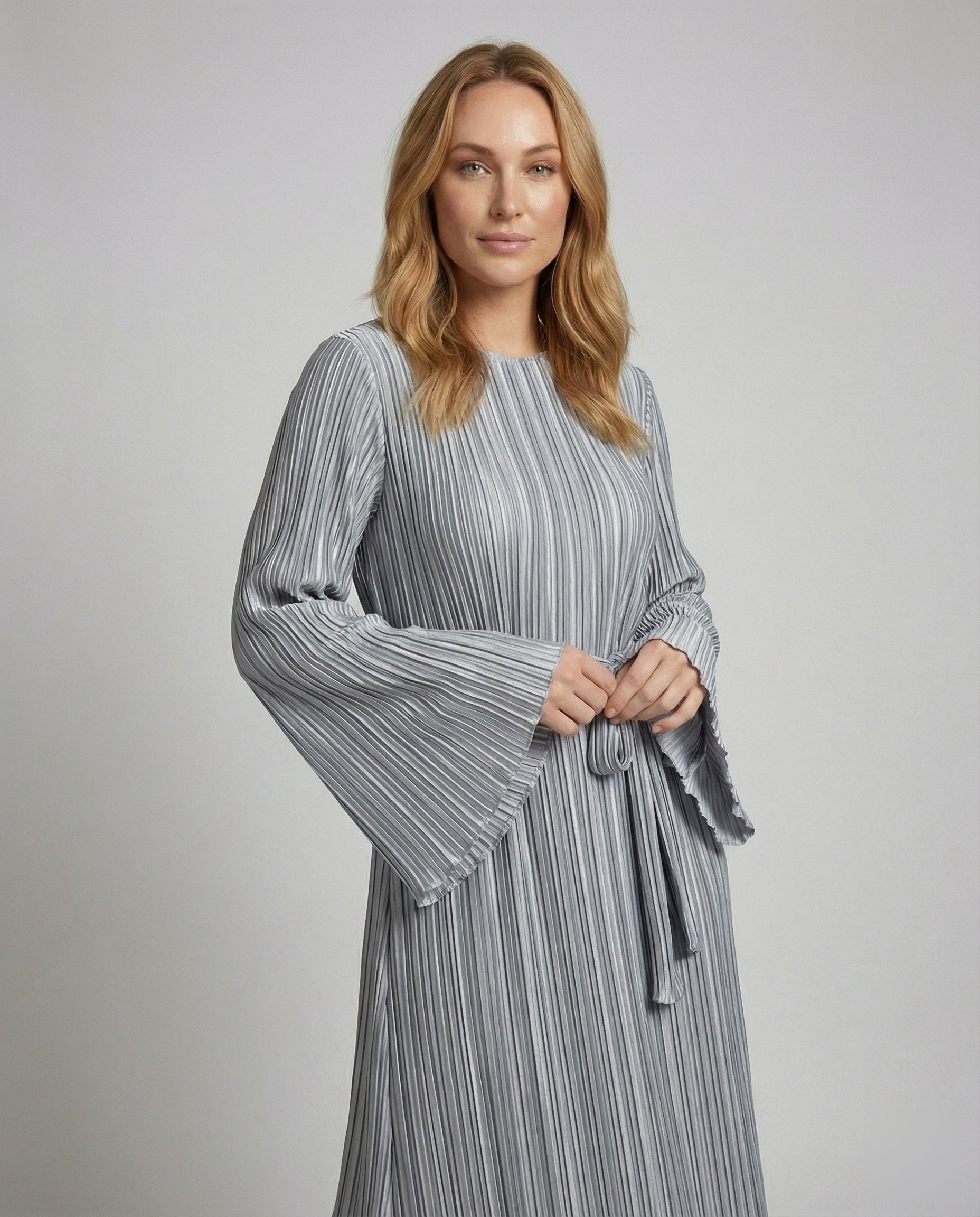 Women’s pleated maxi dress with tie belt and long sleeves