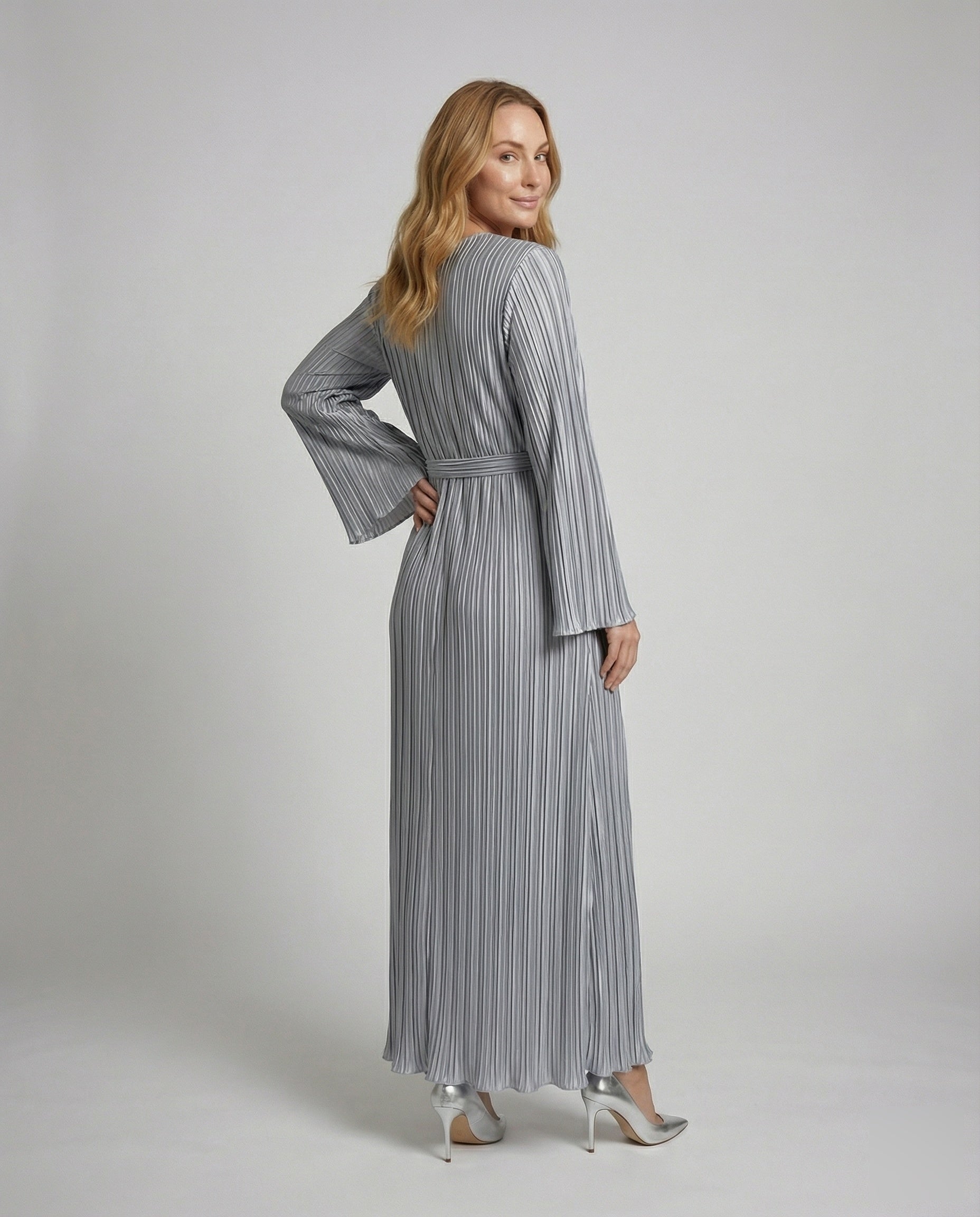Women’s pleated maxi dress with tie belt and long sleeves