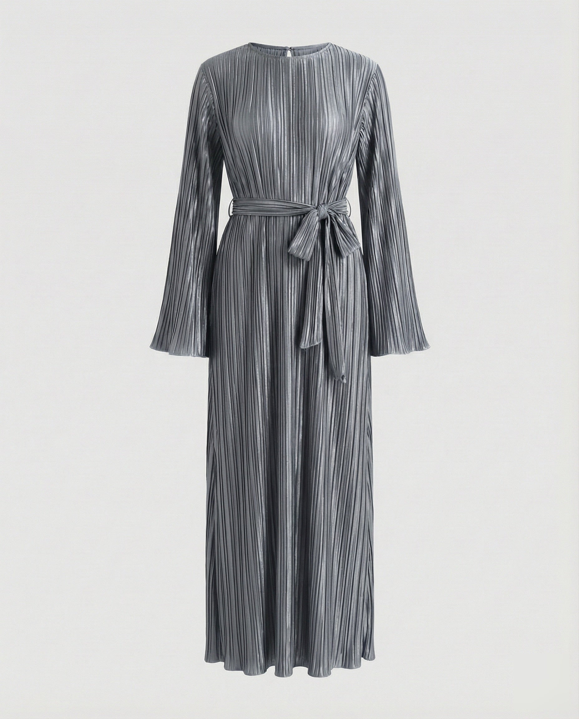Women’s pleated maxi dress with tie belt and long sleeves