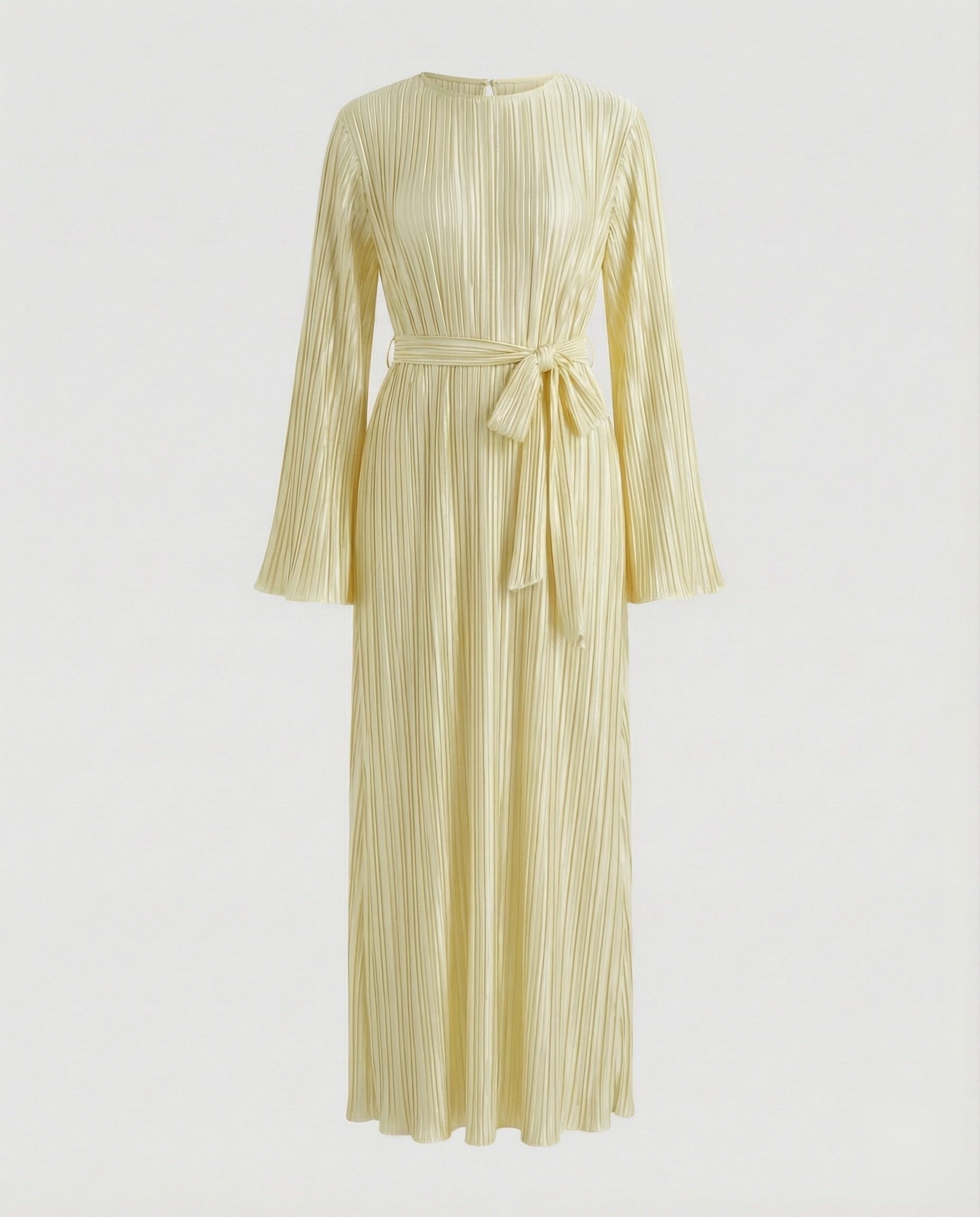 Women’s pleated maxi dress with tie belt and long sleeves