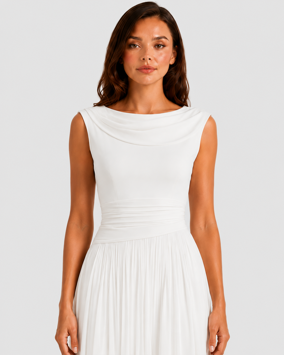 Women's pleated midi dress with an elegant draped neckline, sleeveless design, contoured waist, and flowing pleated skirt, ideal for weddings, formal events, and special occasions.