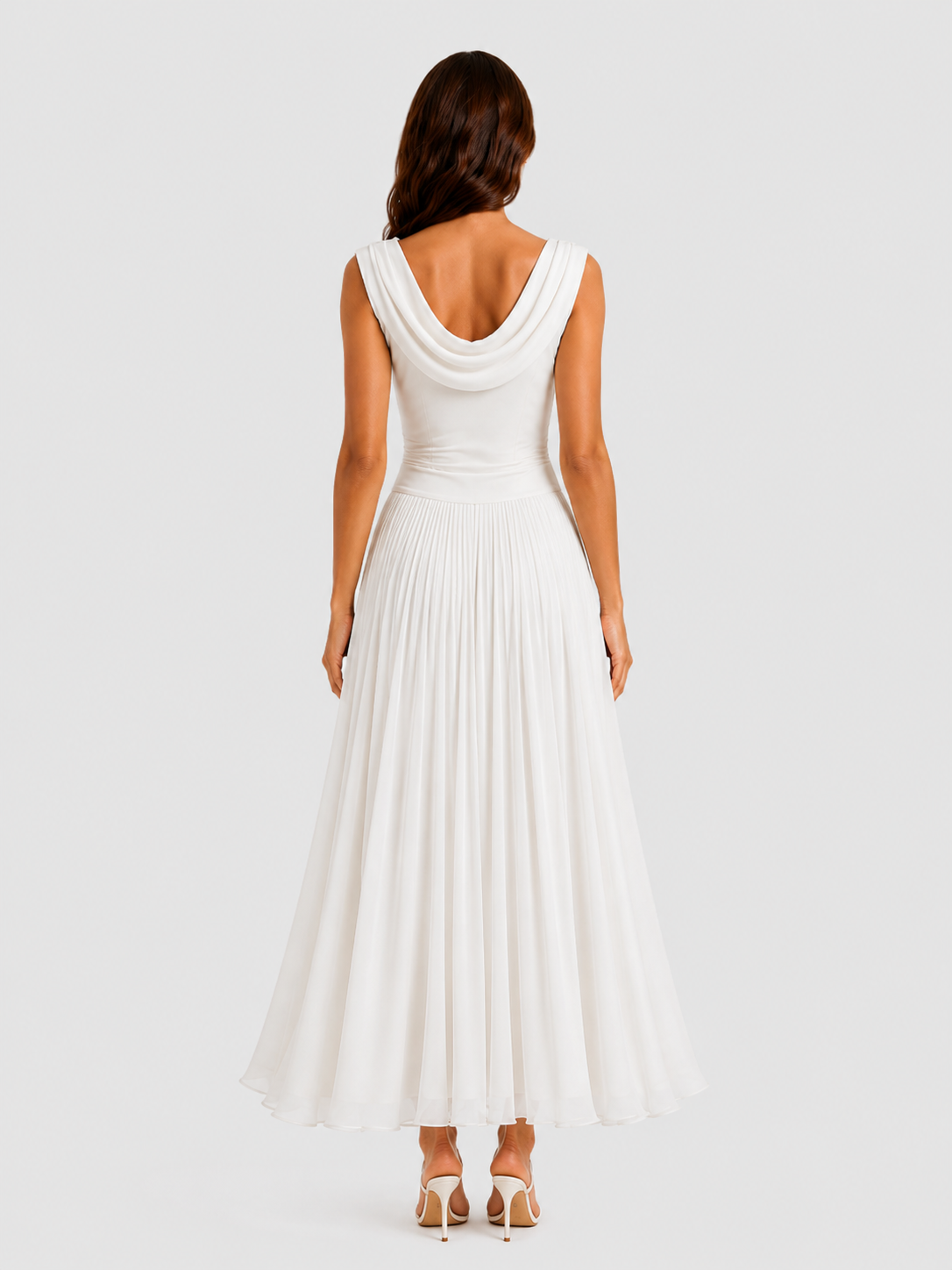 Women's pleated midi dress with an elegant draped neckline, sleeveless design, contoured waist, and flowing pleated skirt, ideal for weddings, formal events, and special occasions.
