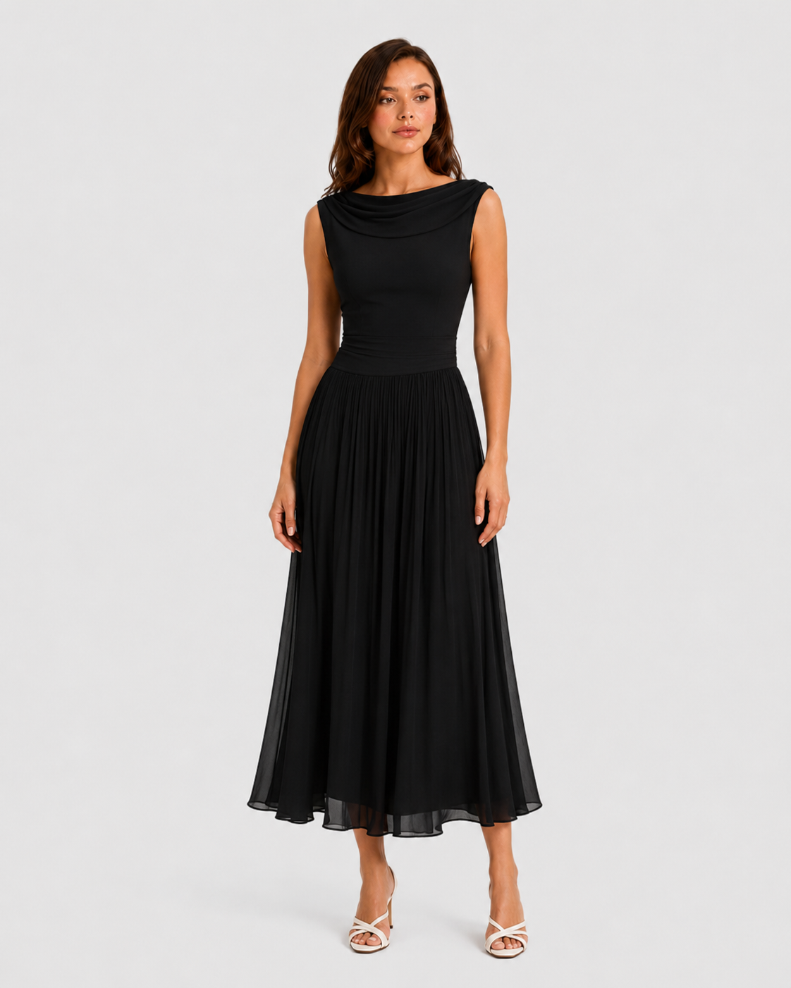 Women's pleated midi dress with an elegant draped neckline, sleeveless design, contoured waist, and flowing pleated skirt, ideal for weddings, formal events, and special occasions.