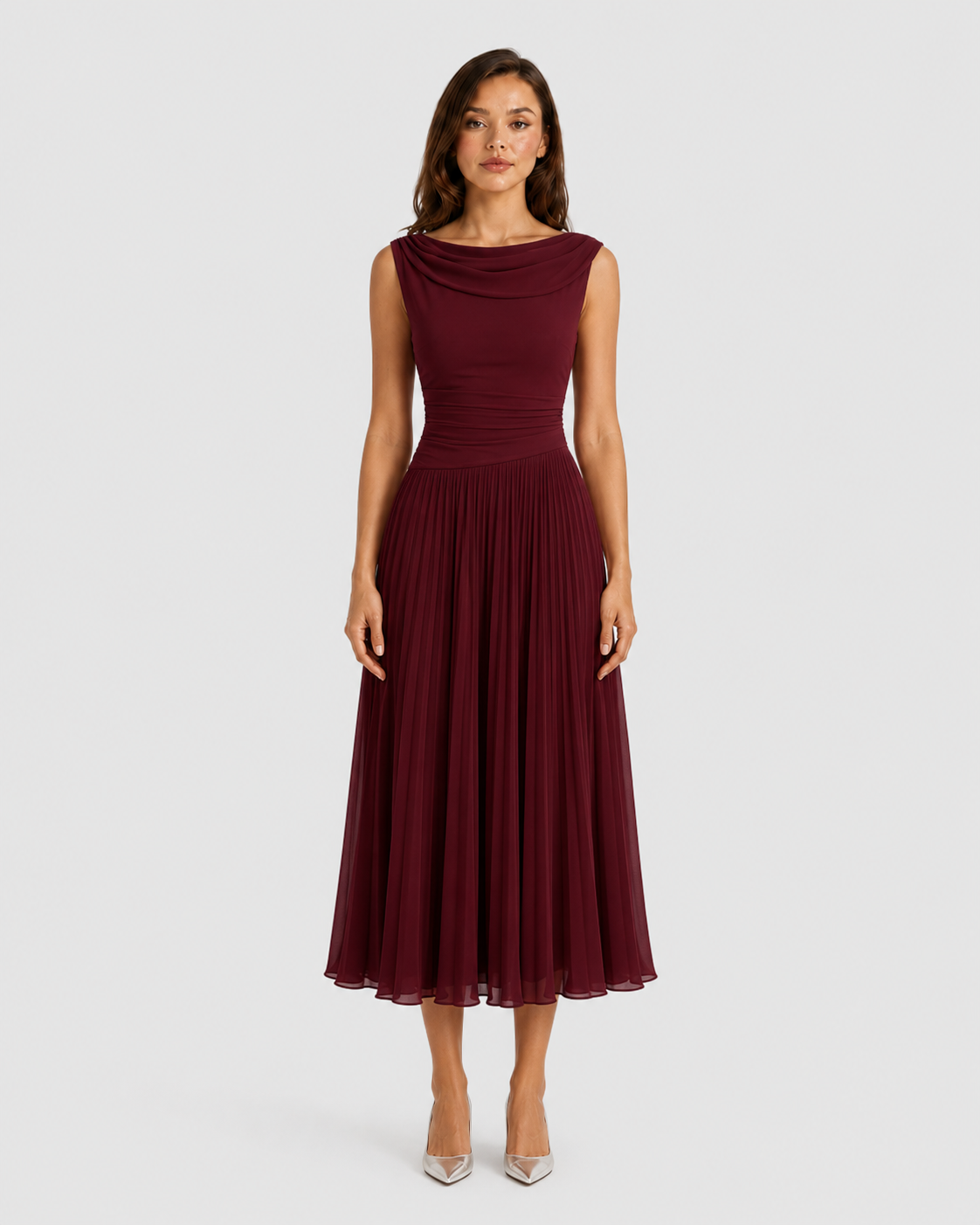 Women's pleated midi dress with an elegant draped neckline, sleeveless design, contoured waist, and flowing pleated skirt, ideal for weddings, formal events, and special occasions.