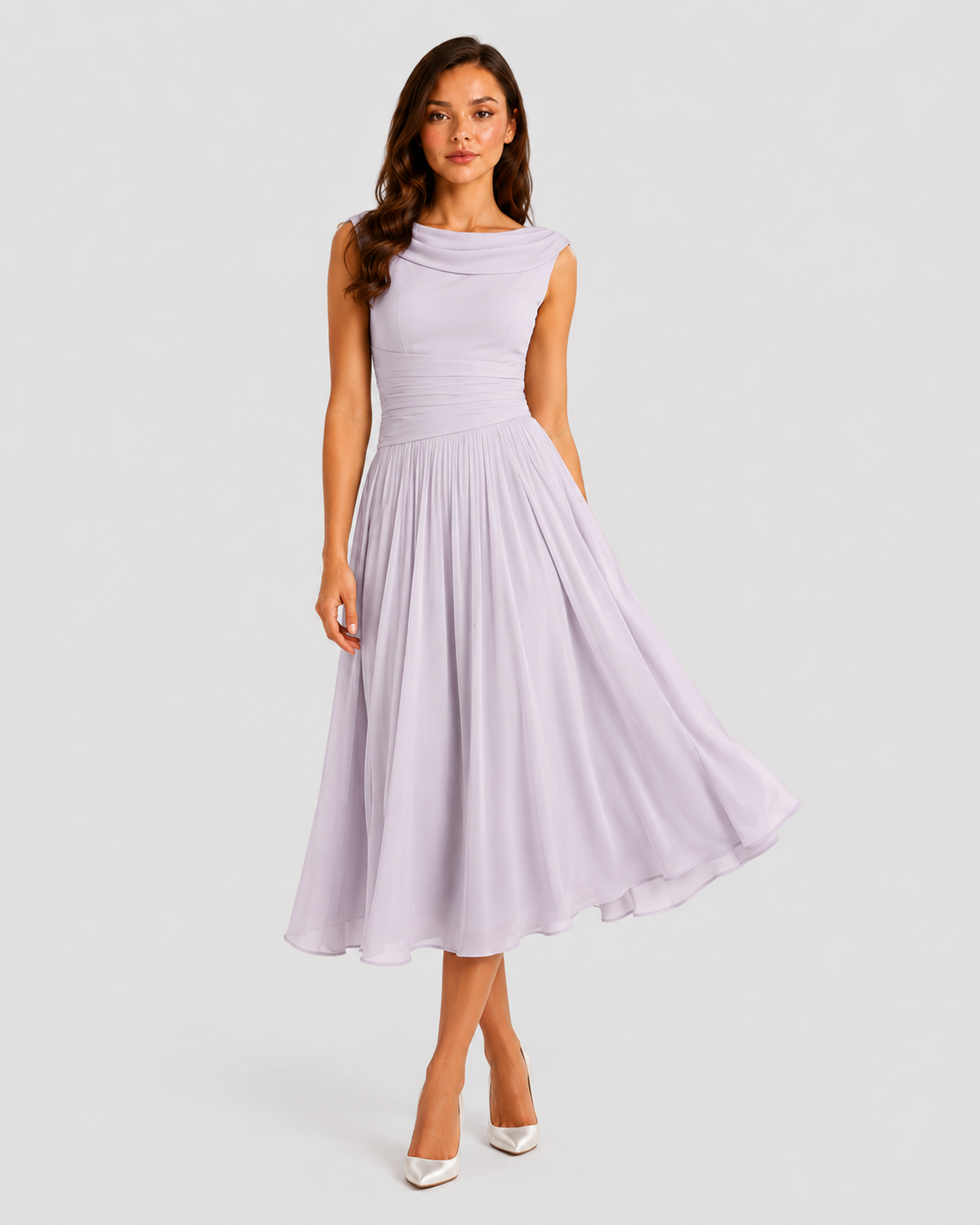 Women's pleated midi dress with an elegant draped neckline, sleeveless design, contoured waist, and flowing pleated skirt, ideal for weddings, formal events, and special occasions.