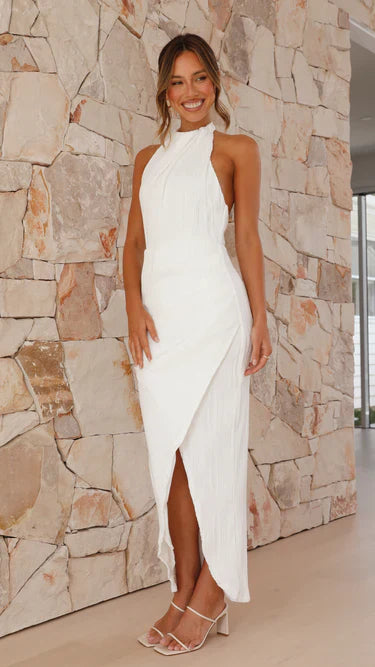 Women’s pleated midi dress with high neckline and open back