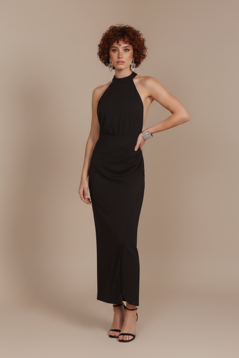 Women’s pleated midi dress with high neckline and open back
