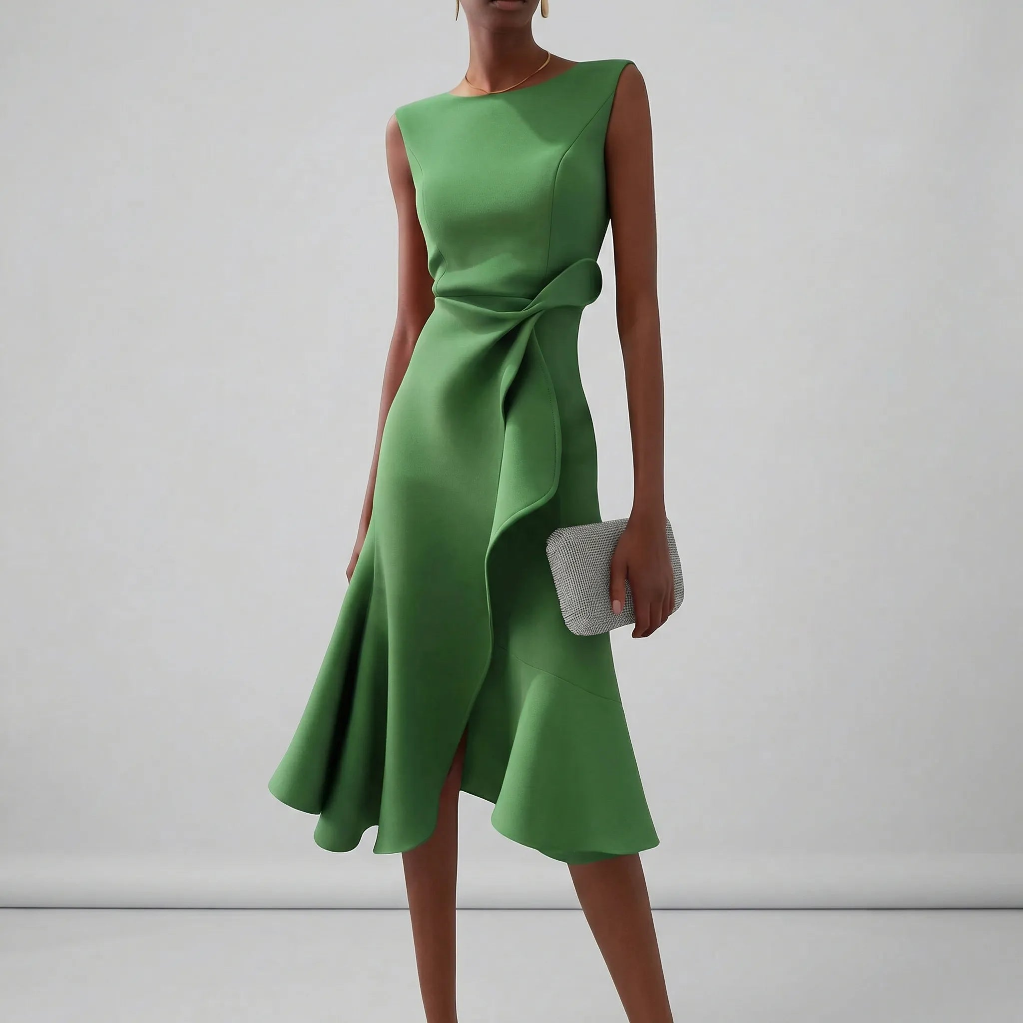 Women’s sleeveless pleated midi evening dress with tailored waist